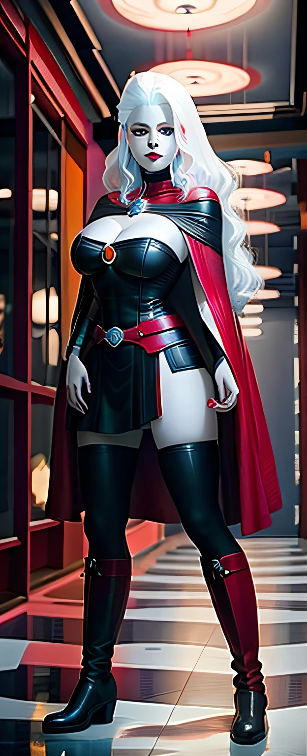 1  girl, with red cape and black boots, pale blue skin, big white hair, sad cerulean eyes, black lips, creepy smile, dark Phoenix gem, very big breasts