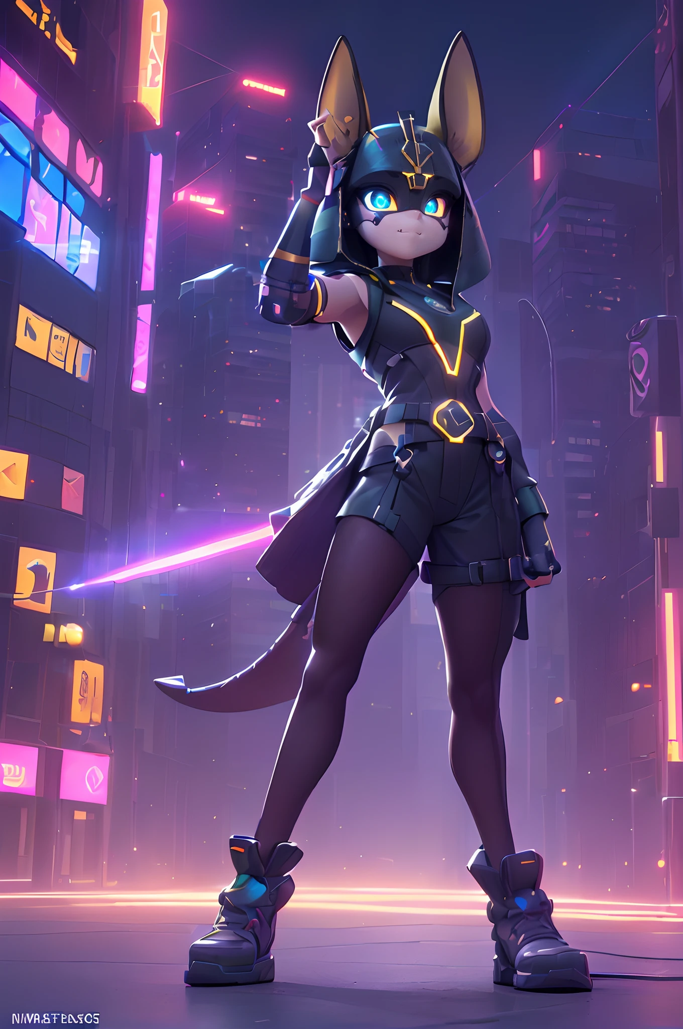 (Dynamic Angle:1.4), ((Full body posing:1.5), (Colorful:1.2), (Highly detailed CG Unity 16K wallpaper:1.1), (Denoising strength: 1.45), (tmasterpiece:1.37), ((Official art)), of the highest quality, (Realistic), Deformed Character, (Short-cut hair:1.2),(Anubis Costume:1.5),Black hair,Glowing eyes,(blue eyess:1.2),((Poses in motion:1.4)),((Anubis Costume:1.3)),wires, (LED:1.3), (a hologram:1.2), futuristic city street, Neon light, Skyscrapers, (Night:1.2), (Rainbow Model:1.2), 8K resolution, (Anime style:1.3), Cinematic lighting, chromatic abberation, spark of light, Ray tracing, blending, ultra wide-angle,  Hasselblad, (masutepiece), (masutepiece), ((Best Quality)), ((masutepiece)), nffsw