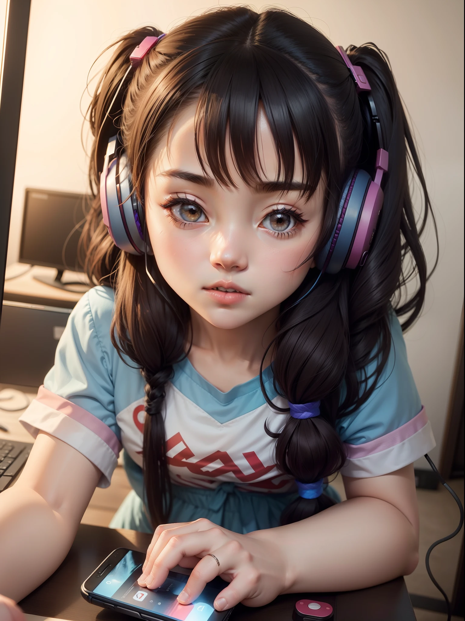 A cute girl , look like japanis anime girl, she is a gamer girl , and she had a headphones with connect her phone ,her name is aliza gaming , name show, she wear a cute dress, she setting dwon in her gaming cheir in her gaming room and she look at me in face to face , she look me in face to face and she holding phone like she playing game , and i setting dwon in side of her and look her but me don’t show in image