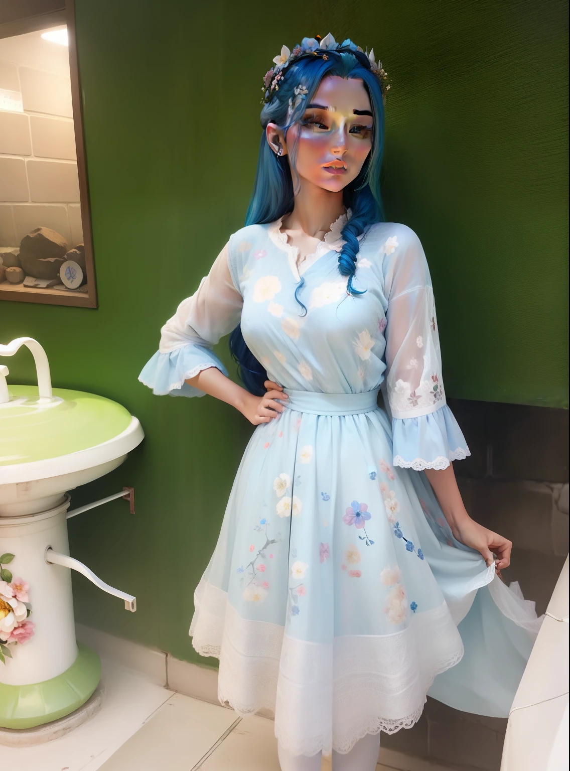 Natural beauty queen, sky blue hair, flower Queen crown