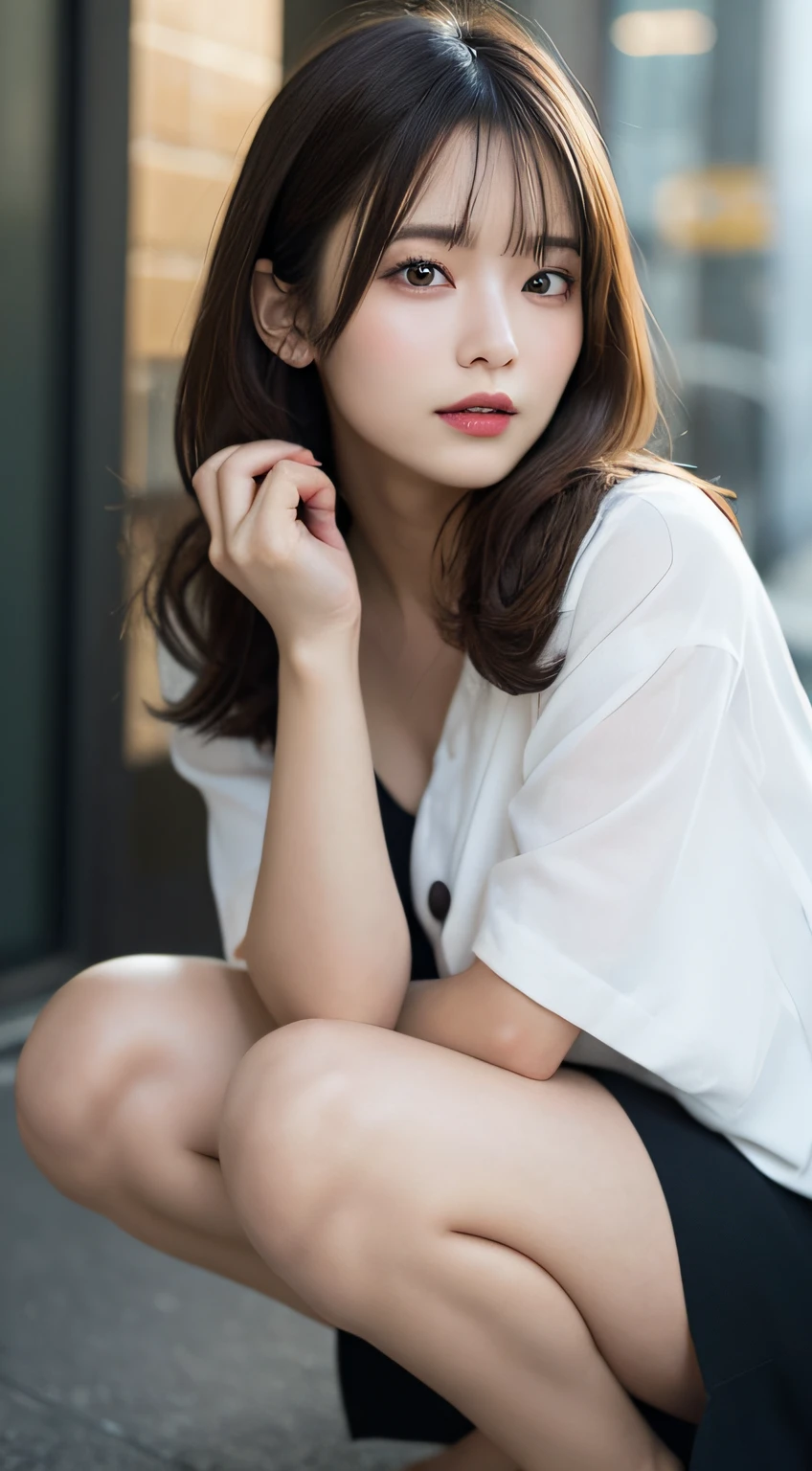 finely detail, hight resolution, hightquality、Perfect dynamic composition, Beautiful detailed eyes, Medium Hair, small tits、Natural Color Lip, Squatting,Kamimei、Shibuya、college aged、1 persons、Transparent skin、Glowing hair、masutepiece, Best Quality, Illustration, Ultra-detailed, finely detail, hight resolution, 8K,The correct state of the human body