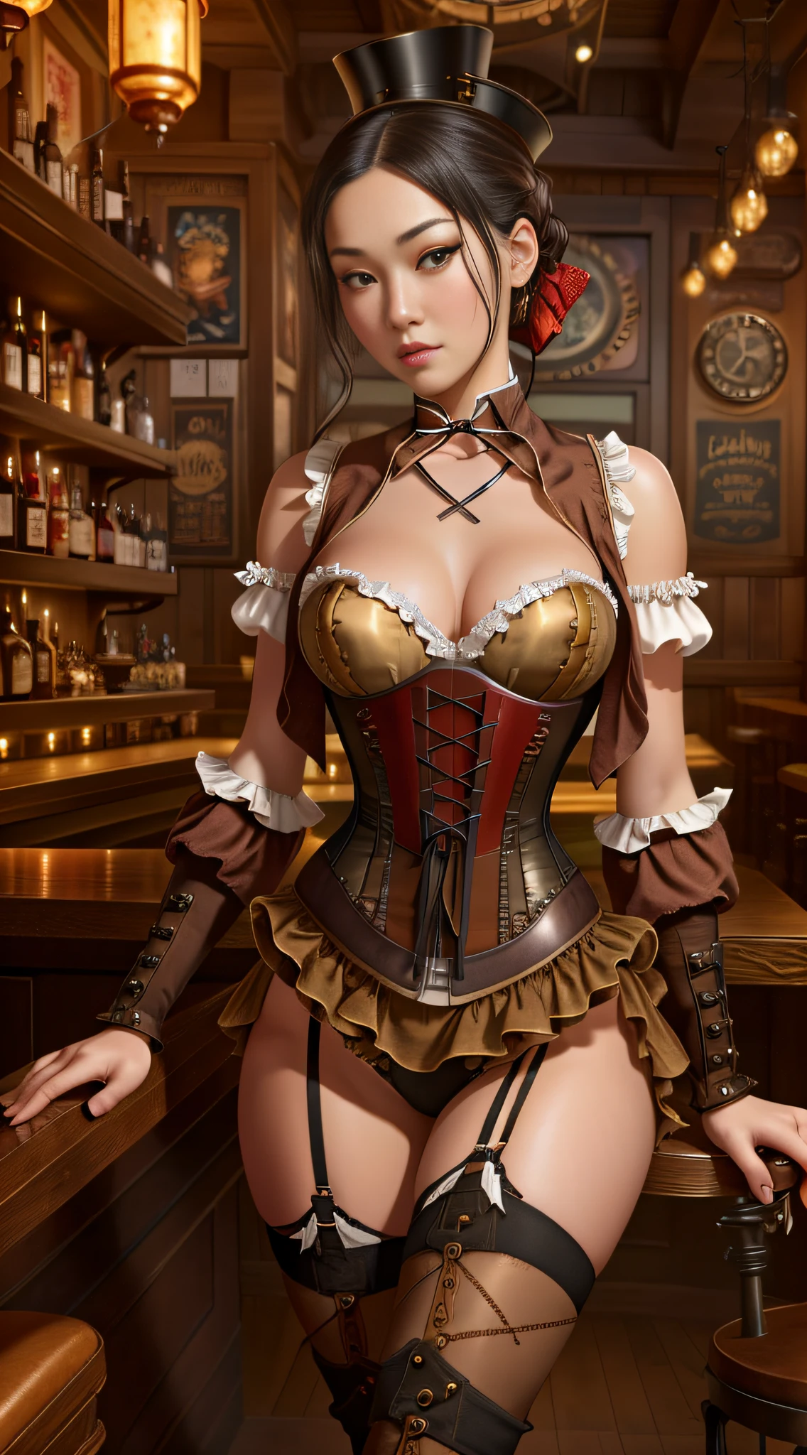 1girl, Asian young woman sitting near ((bar counter)) in ((steampunk western saloon)), wearing ((red steampunk corset)), ((black steampunk petticoat)), ((white steampunk stockings)), ((high steampunk boots on heels)), makeup, ((steampunk style)), seductive, sexy, hot, sultry, shapely, full body render, fine detail, highest quality, skin texture, intricate details, (cinematic lighting), RAW photo, 8k, perfect face, perfect body, beautiful, hyperrealism, trending on artstation