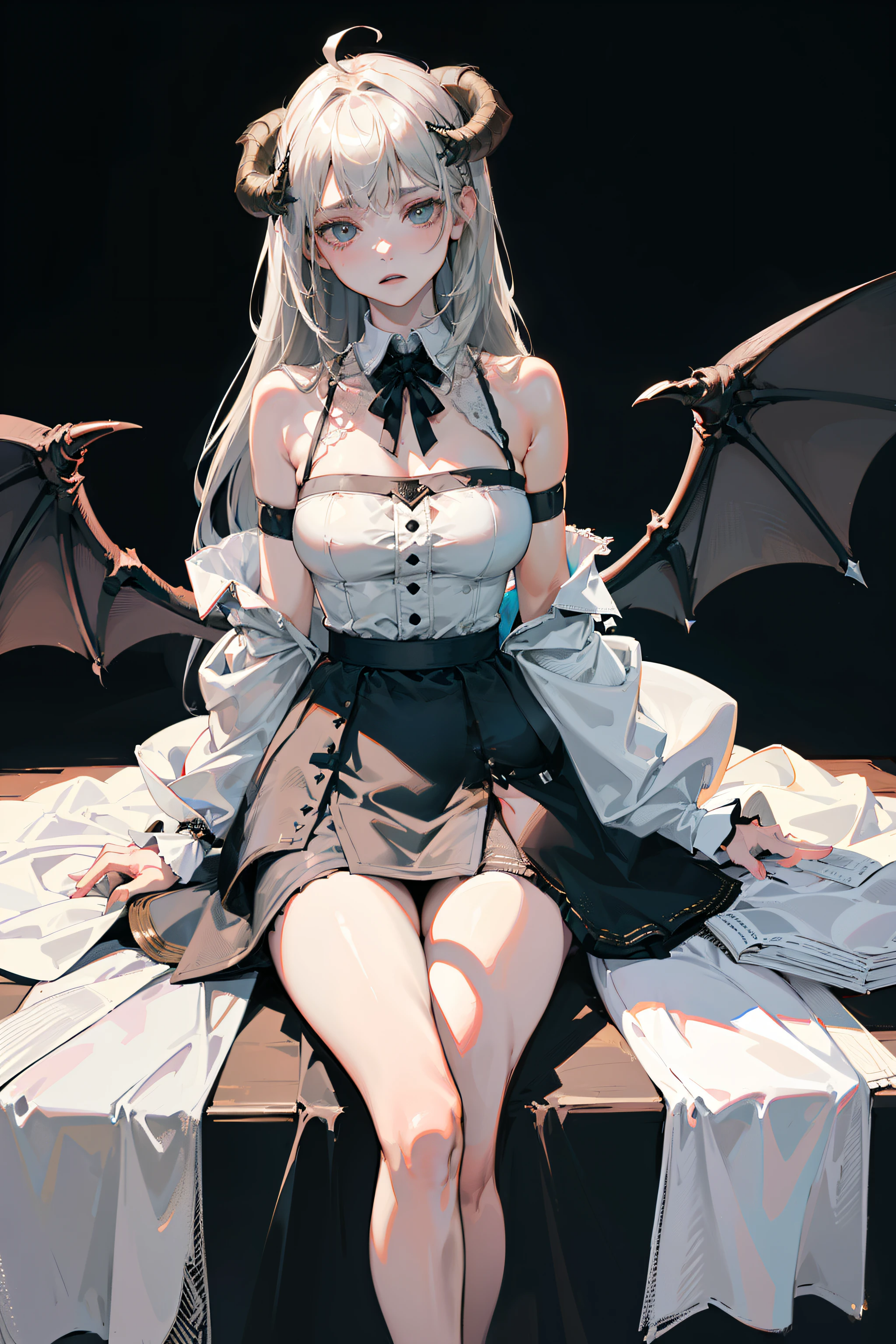 ((masterpiece, best quality)), (1girl), (solo), (female focus), (ahoge, ash blonde hair, long hair), green eyes, ((white shirt), (buttoned shirt)), ((black skirt), (short skirt)), standing, white background, arms behind back, (bat wings on the waist), (sheep horns), sad eyes, cold facial expression, cold look, pale skin, colour grading, dark illustration, extreme quality, extremely detailed, ultra hd 8k, ultra digitality, mythical, dark lightning, sleepy eyes, detailed hands, fine details, ash blonde haired deity, grey-haired, girl with ash blonde hair, nier:automata inspired, nier : automata inspired, grey haired, ash blonde hair girl, perfect grey haired girl, Full body of a person with long hair and a black shirt