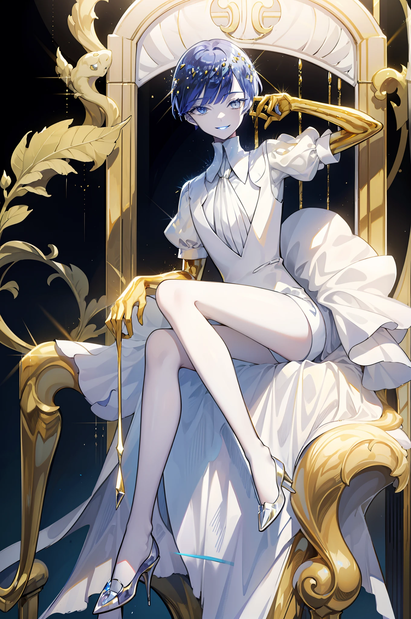 phosphophyllite \(ll\), golden arms, crystal hair, heterochromia, blue eyes, white eyes, colored eyelashes, gem uniform, necktie, puffy short sleeves, sitting on a crystal throne, looking directly at viewer, smiling, evil grin, legs crossed, hand gestures, black background, blue light, crazy expression, golden halo behind head