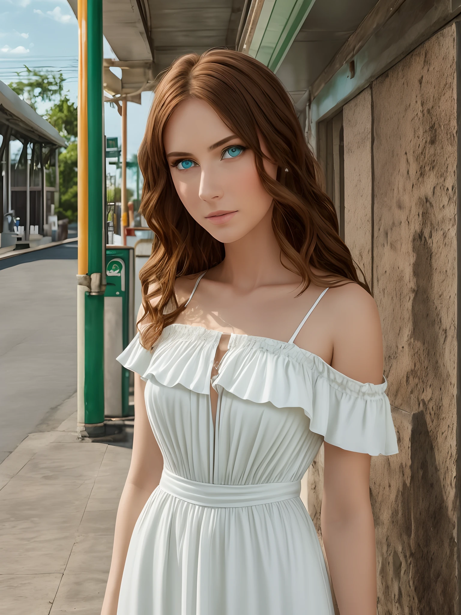 Beautiful woman, blue eyes, brown hair, wearing a white long dress, standing next to a beautiful woman, green eyes, red hair, wearing a green long dress, background is a gas station, high detail of the face, 8k --auto --s2