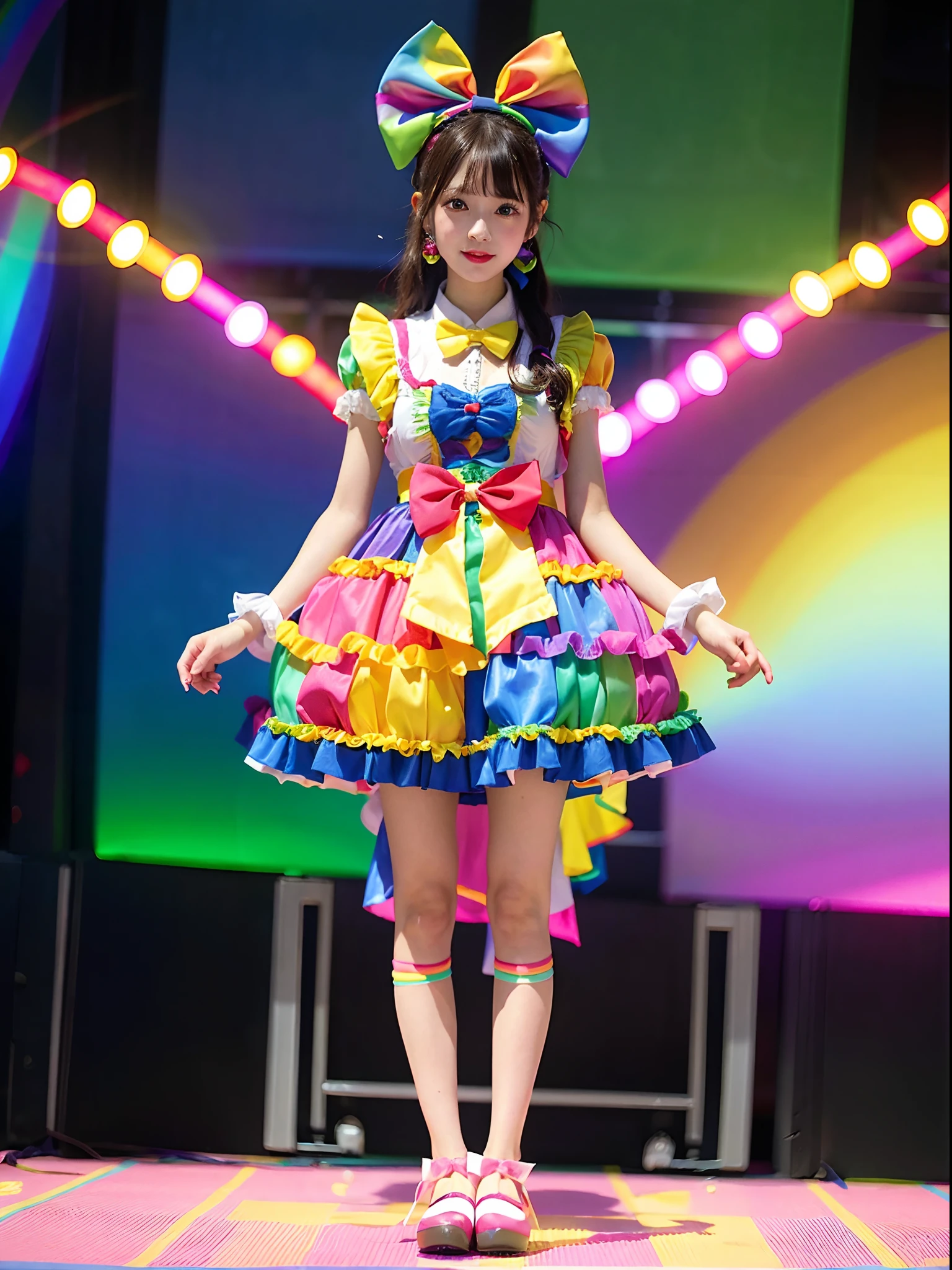 Alafe girl in colorful rainbow color dress with bow on stage, kawaii decora rainbowcore, y 2 k cutecore clowncore, style of magical girl, Anime girl cosplay, cutecore clowncore, cute colorful adorable, Cute anime waifu in a nice dress, anime girls in maid costumes, high quality costume, Anime Cosplay, fairycore