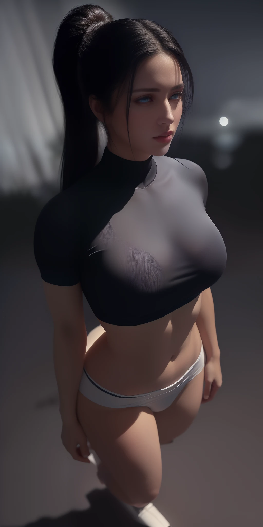 (full body shot) ((bird view photo)) a black hair European woman, incredible blue eyes,, luminous design, masterpiece, best quality, extremely detailed 8k, ultra hd, ultra-detailed, highly detailed, highly realistic, (ultra-realistic), hyperrealistic, Real life style, (((top quality, masterpiece: 1.3)), (masterpiece), (best quality), (ultra-detailed),(nudes:1.2), (RAW photo:1.2),(masterpiece:1.3), (best quality:1.4), ultra high res, HDR, 8k resolution, dreamlike, check commentary, commentary request, scenery,((no text)), (full body), (masterpiece), (best quality), (ultra-detailed), tennis outfit, tennis skirt, abs, slender waist, exposed midriff, gigantic breasts, pokies, ponytail, long legs, sweating, wet skin, thin thighs, slim, soft smile, dynamic angle, heavily raining, shirtlift, (upper body), nsfwpubic hair, cinematic lighting, (full body shot), depth of field, ultra fine details, detailed clothing, detailed scenery, (perfect face, detailed face, detailed eyes) (cinematic:1.5)(Top Quality, 8k, 32k, Masterpiece, UHD: 1.3)