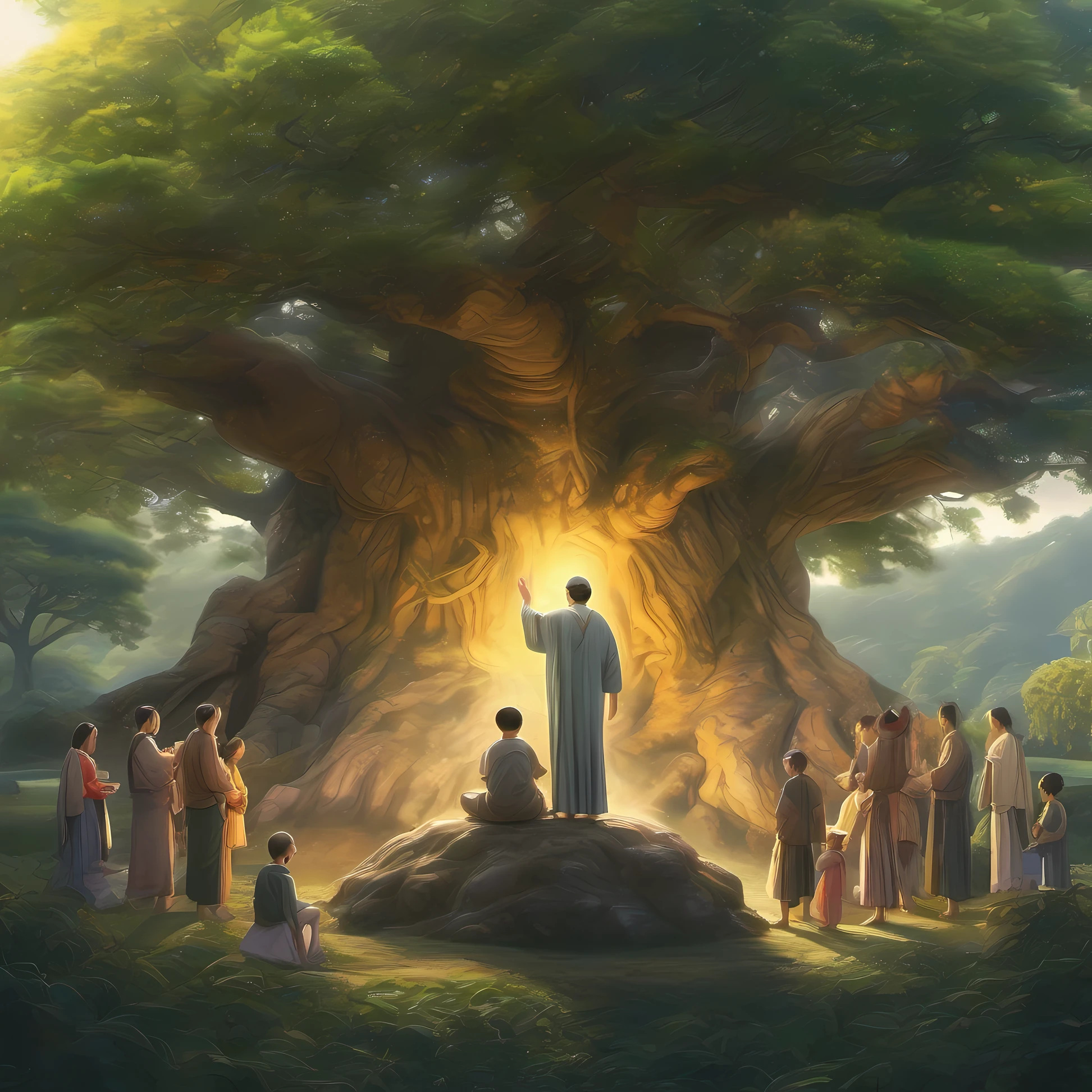 Illustrations of the greatest masters in human history、Teacher in Genesis、Under the Great Tree、Teacher preaching to children、Drawing a teacher with a large tree in the background、ultra detailed, hyper sharp, best quality,
