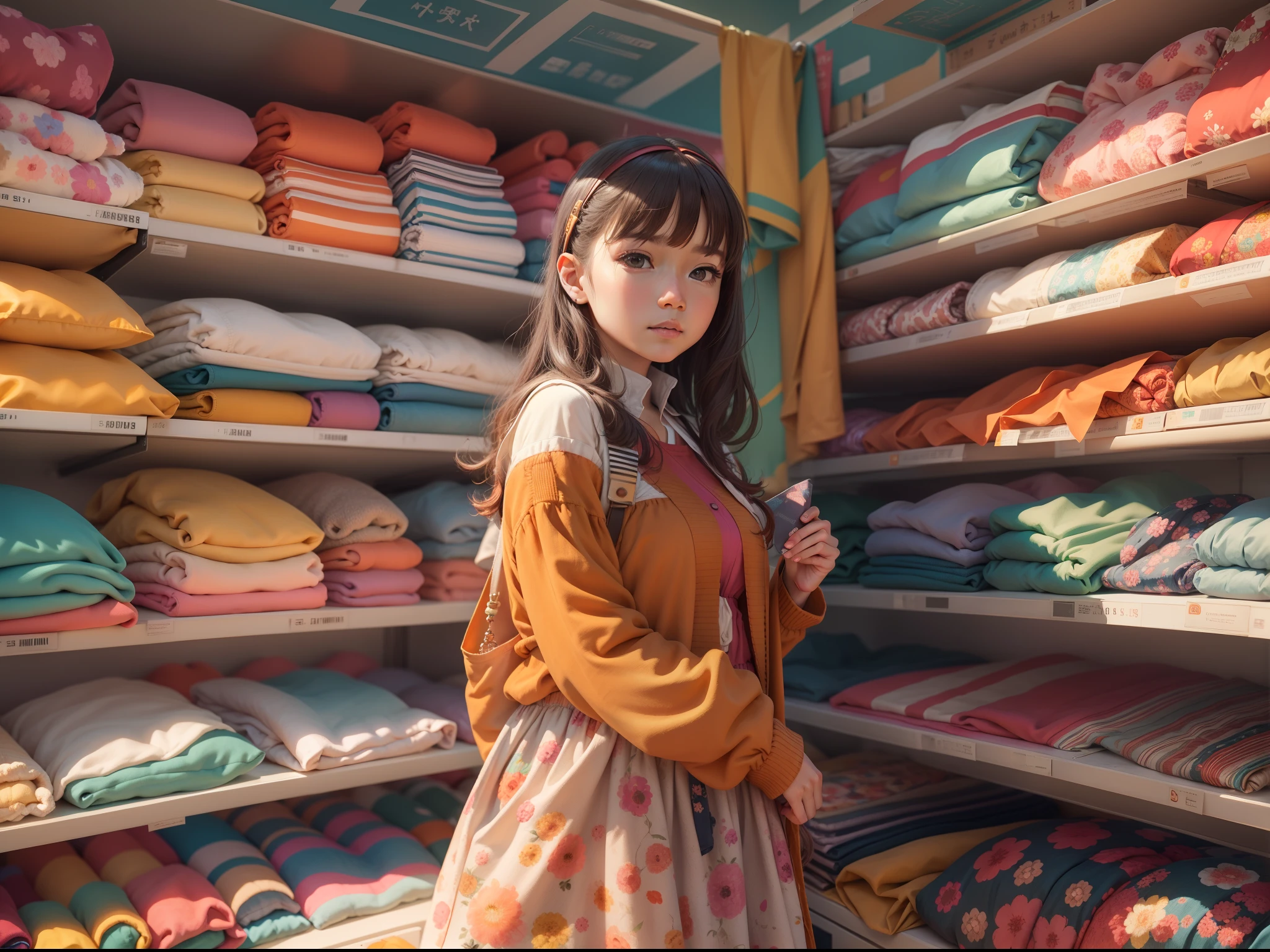 , In fabric stores, Colorful cloth, and the sun was shining brightly, the detail, 4K, k hd, high high quality.