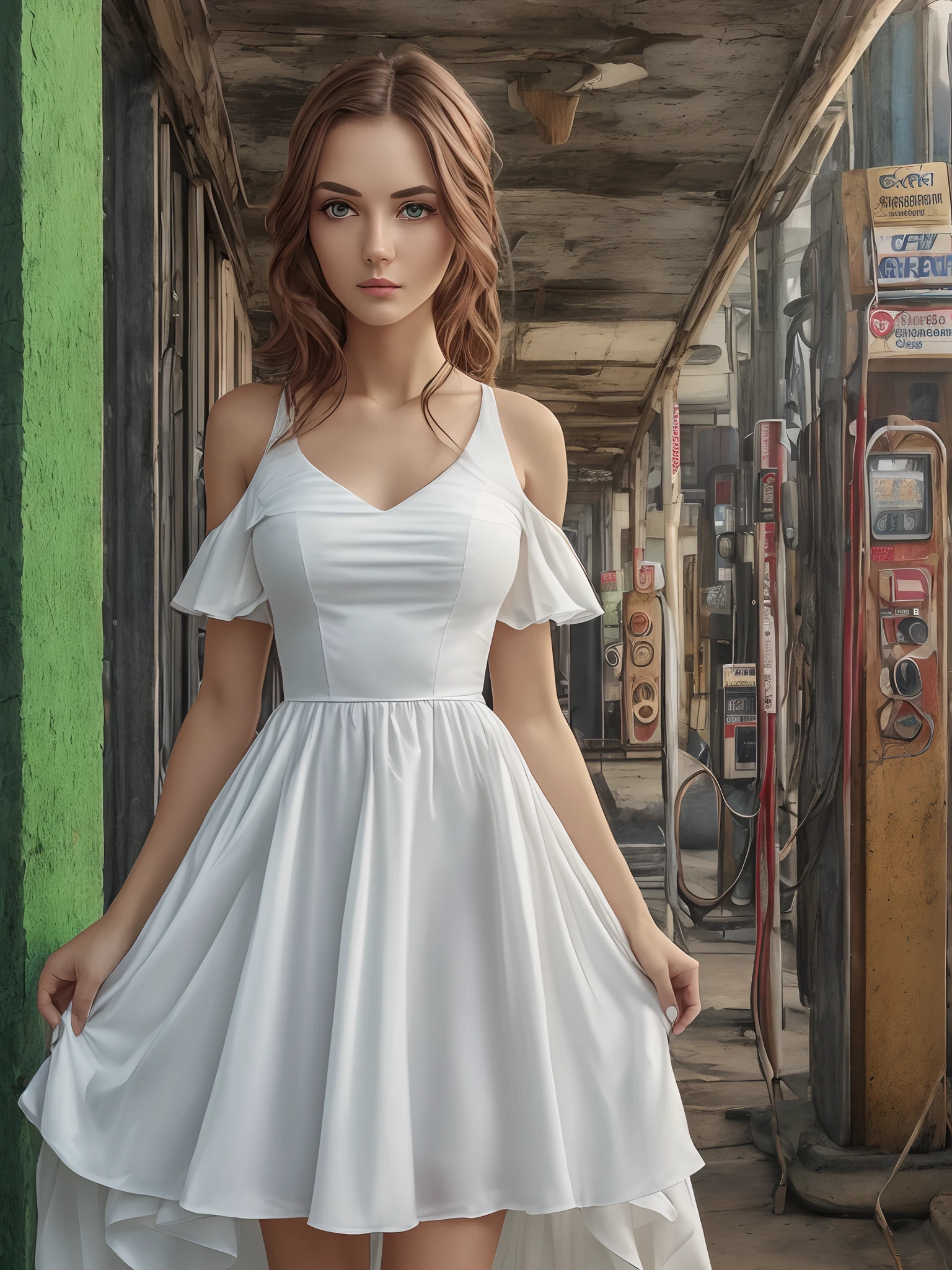 Beautiful woman, blue eyes, brown hair, wearing a white long dress, standing next to a beautiful woman, green eyes, red hair, wearing a green long dress, background is a gas station, high detail of the face, 8k --auto --s2
