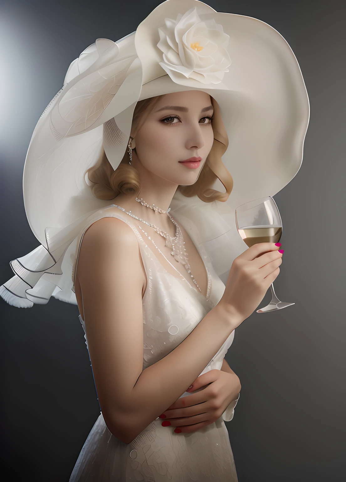 araffe woman in a white hat holding a glass of wine, a beautiful woman in white, elegant lady, elegant lady with alabaster skin, elegant woman, she holds a glass of wine, elegant fashion model, fine art fashion photography, white hat, digital art of an elegant, elegant girl, elegant and graceful, sophisticated young woman, white suit and hat