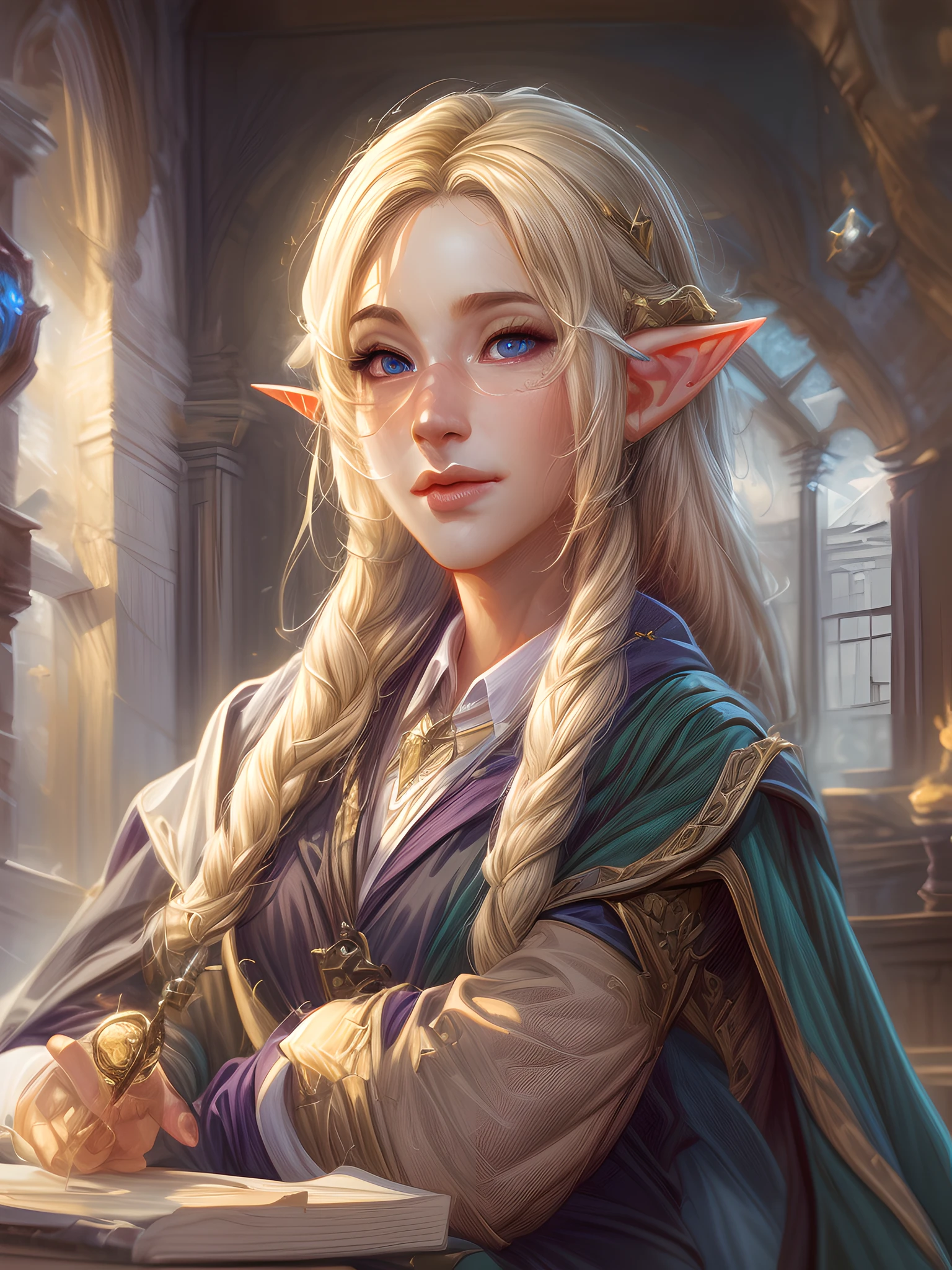 high details, best quality, 16k, [ultra detailed], masterpiece, best quality, (extremely detailed), ultra wide shot, photorealistic, a picture of an elf magical teacher (best details, Masterpiece, best quality: 1.5), teaching magical arts, manipulating magical runes Rune_Magic at fantasy classroom, a female elf, exquisite beauty (best details, Masterpiece, best quality: 1.5), ultra feminine (best details, Masterpiece, best quality: 1.5), full body (best details, Masterpiece, best quality: 1.5) golden hair, hair in a long braid, small pointed ears, dynamic eyes color, wearing a teachers robe, standing in the classroom (best details, Masterpiece, best quality: 1.5), fantasy class background, best realistic, best details, best quality, 16k, [ultra detailed], masterpiece, best quality, (extremely detailed), ultra wide shot, photorealism, room is lit with bright light, depth of field,