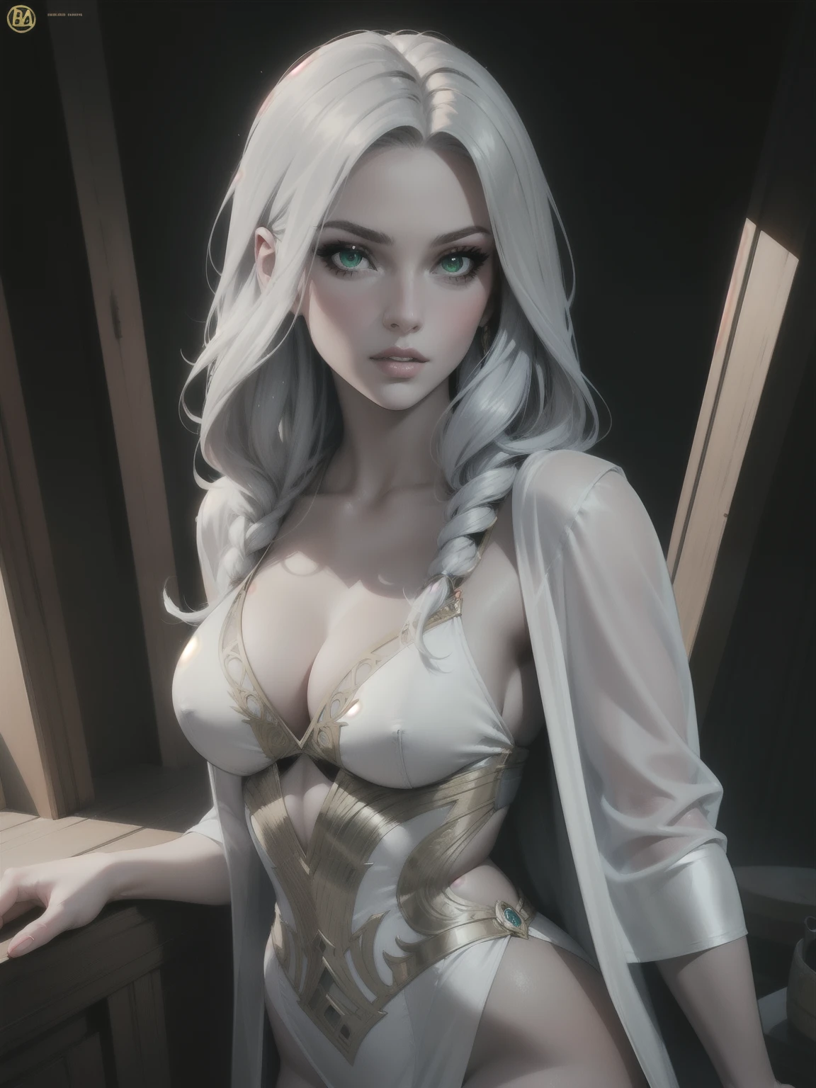 Comic Book Style Portrait of a pale female, with long silver Hair, green eyes, Oracle, sensual attire, skimpy robes, perfect composition, hyper-detailed, 8K, high quality, perfect eyes, trending art, trending on artstation, sharp focus, studio photo, intricate details, by Matteo Scalera