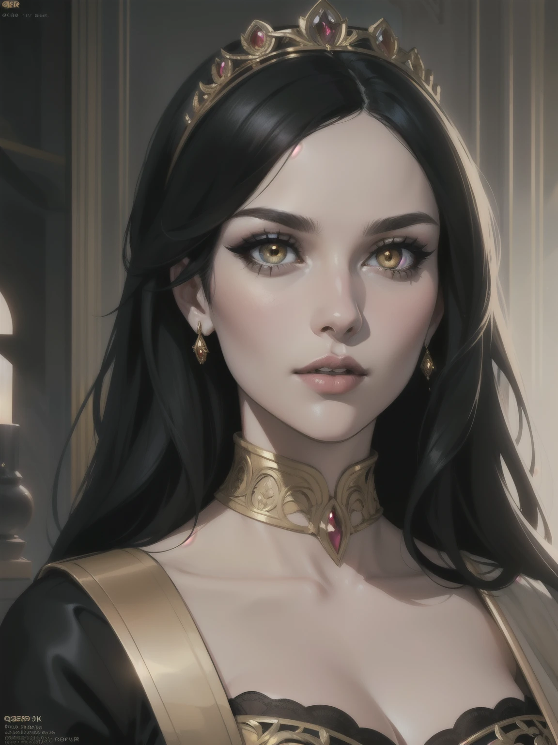 Comic Book Style Portrait of a tall, pale Queen, with long black Hair, golden eyes, Royal attire, elegant dress, sorceress, perfect composition, hyper-detailed, 8K, high quality, perfect eyes, trending art, trending on artstation, sharp focus, studio photo, intricate details, by Matteo Scalera