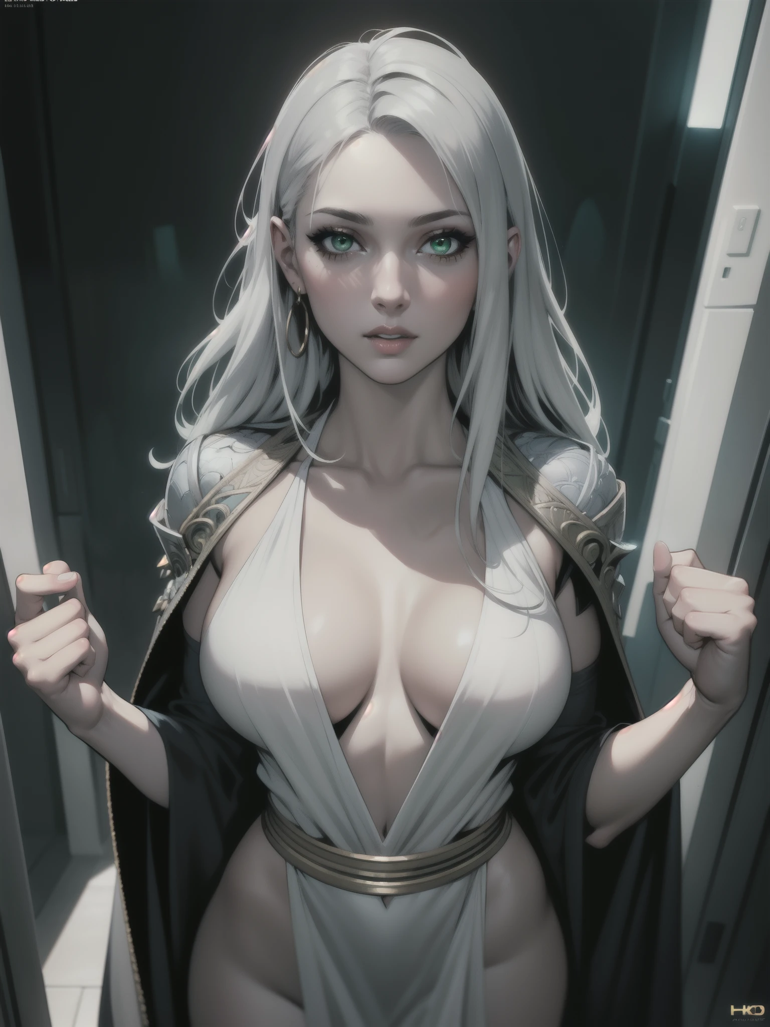 Comic Book Style Portrait of a pale female, with long silver Hair, green eyes, Oracle, sensual attire, skimpy robes, perfect composition, hyper-detailed, 8K, high quality, perfect eyes, trending art, trending on artstation, sharp focus, studio photo, intricate details, by Matteo Scalera