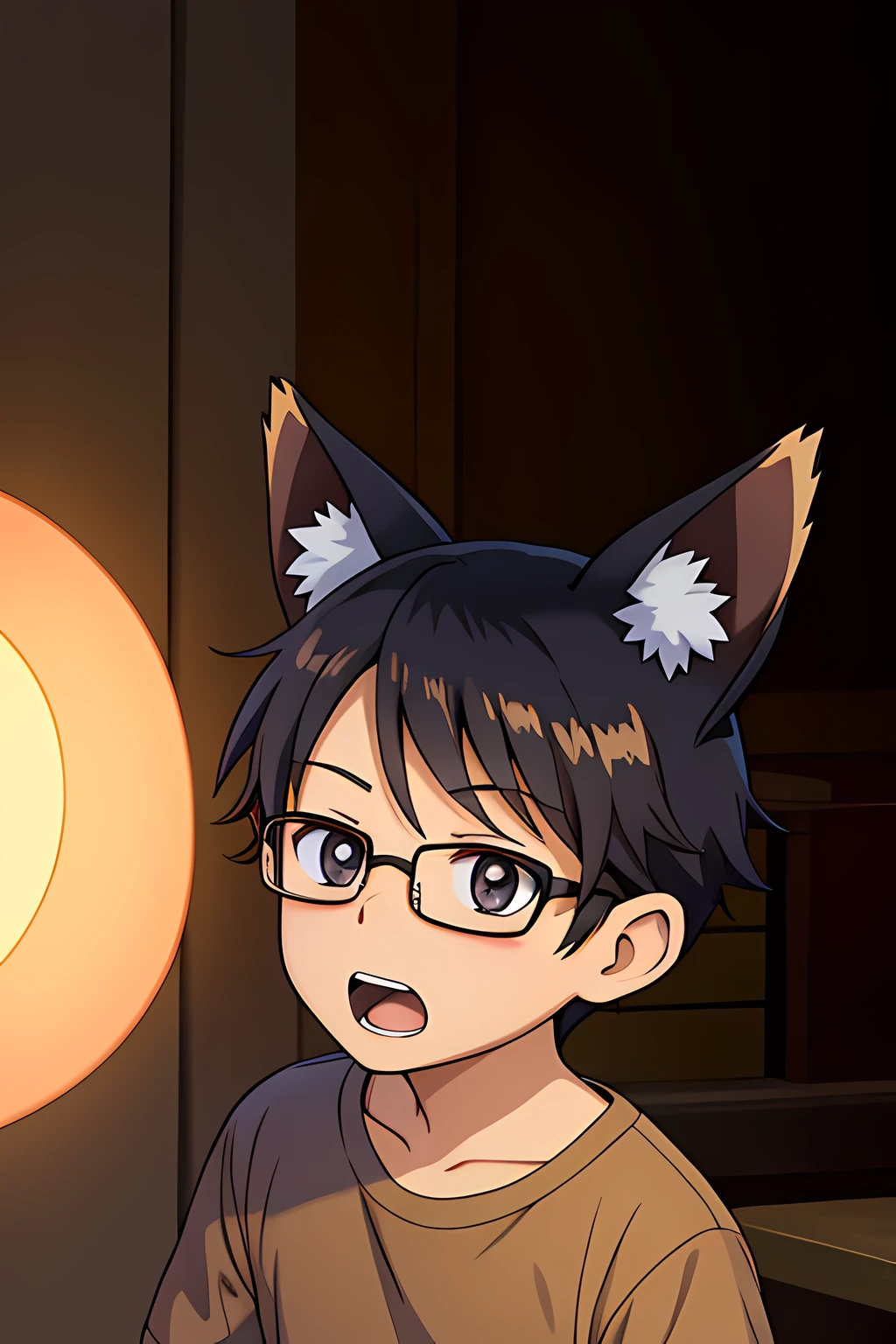 anime boy, fox ears, black hair, extended arm, with glasses, light brown shirt, surprised, open mouth