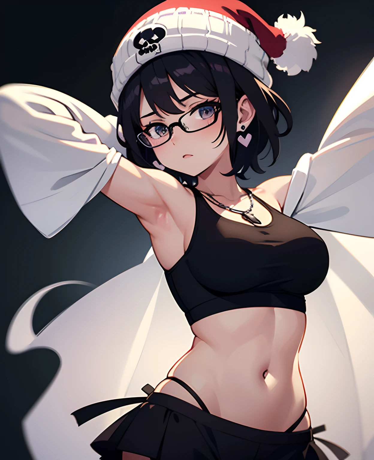 age, anime girl, glasses, black hair,bangs, underwears, short hair, skull earrings, black skull beanie, open clothes, ponytail, medium layer hair, large breasts, high quality, armpits, looking at viewer, black background, heart necklace, medium shot
