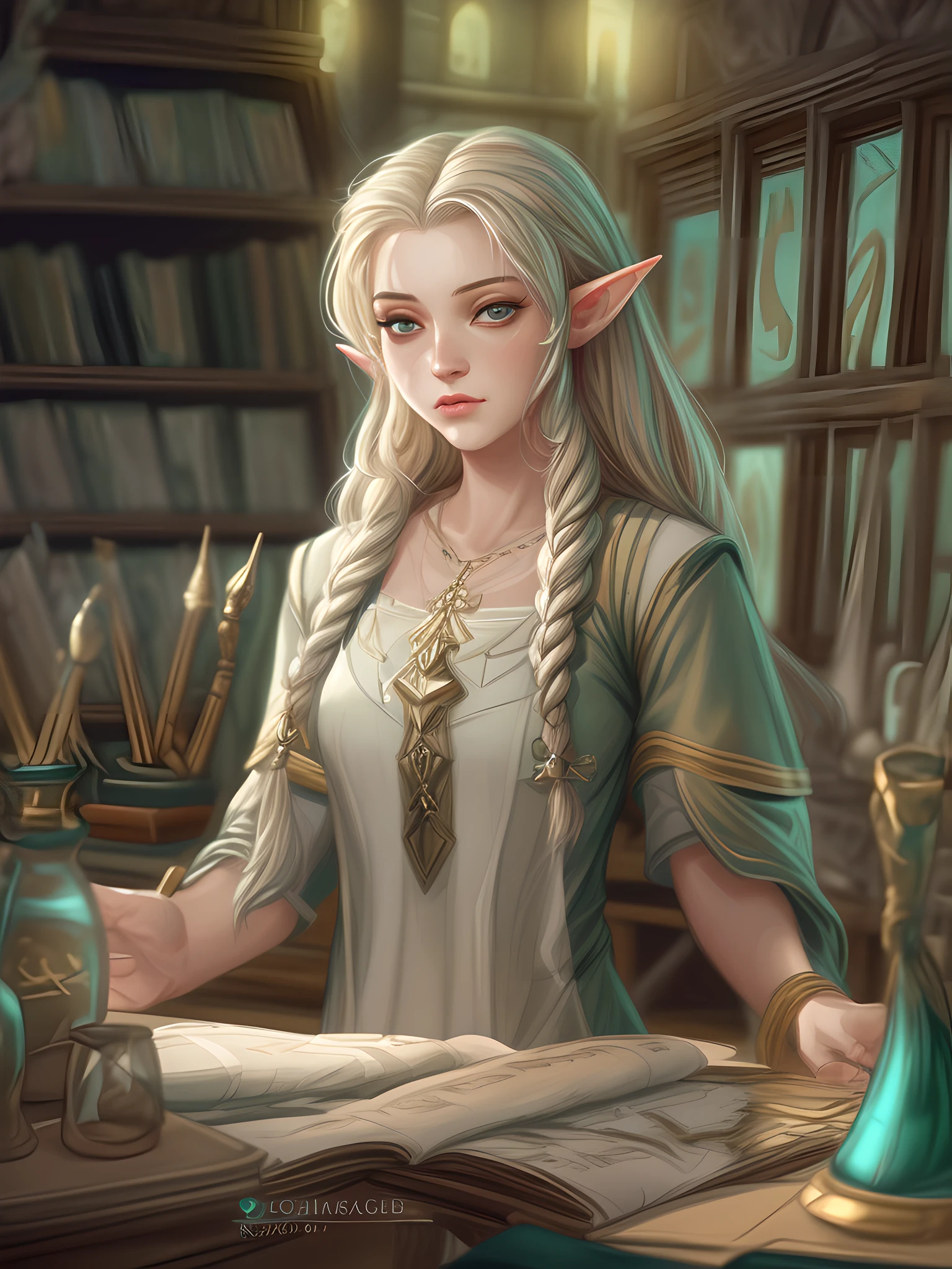 high details, best quality, 16k, [ultra detailed], masterpiece, best quality, (extremely detailed), ultra wide shot, photorealistic, a picture of an elf magical teacher (best details, Masterpiece, best quality: 1.5), teaching magical arts, manipulating magical runes Rune_Magic at fantasy classroom, a female elf, exquisite beauty (best details, Masterpiece, best quality: 1.5), ultra feminine (best details, Masterpiece, best quality: 1.5), full body (best details, Masterpiece, best quality: 1.5) golden hair, hair in a long braid, small pointed ears, dynamic eyes color, wearing a teachers robe, standing in the classroom (best details, Masterpiece, best quality: 1.5), fantasy class background, best realistic, best details, best quality, 16k, [ultra detailed], masterpiece, best quality, (extremely detailed), ultra wide shot, photorealism, room is lit with bright light, depth of field,