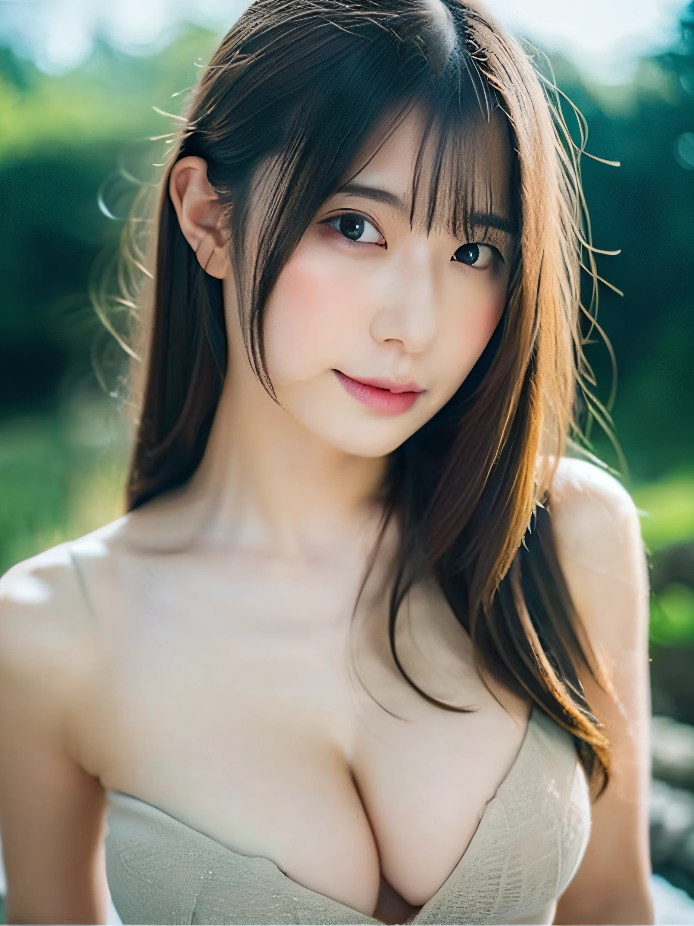 top-quality、8k picture、nsfw,navel,Film Portrait Photography, 1girl in, Bare shoulders, Wavy shoulder-length hair, Serene, Calm, (Realistic detailed eyes, Natural Skin Texture, Realistic face details), Soft dramatic lighting, depth of fields, Bokeh, vibrant detail, Finely detailed, hyper realisitic, 35mm Film, Hazy blur, filmg,