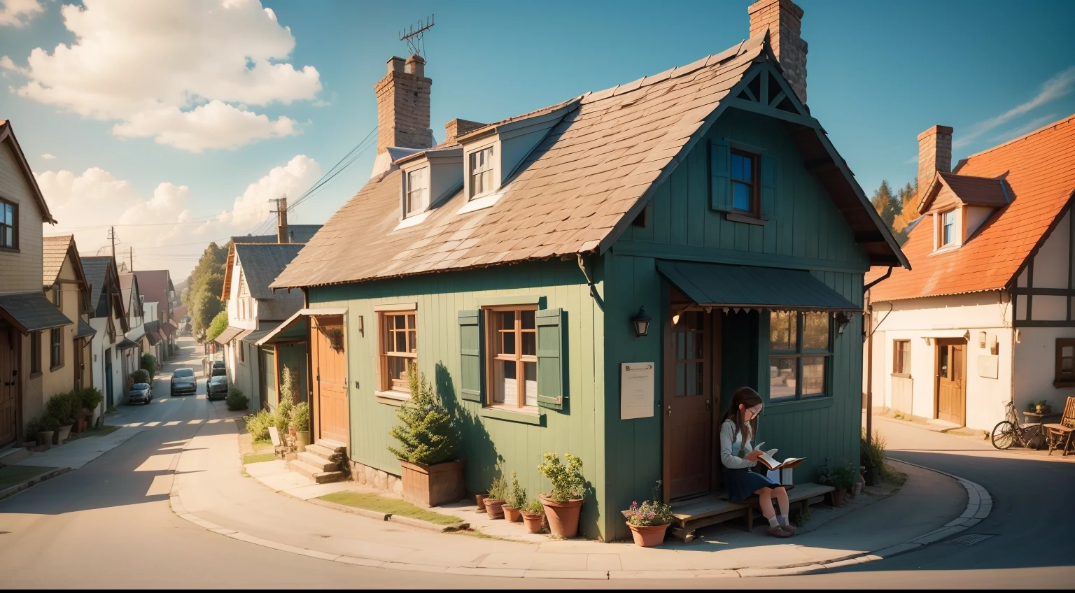 Image of a quaint town with a small house, a young girl reading a book in the window.