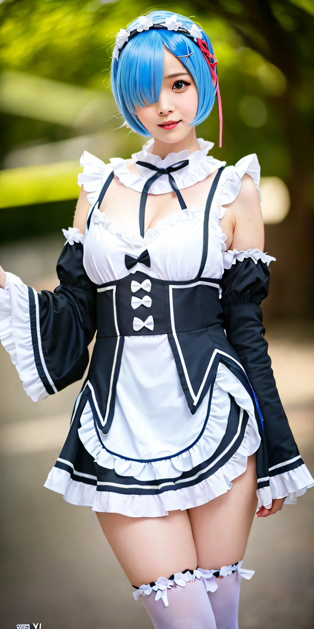 1girl,  ol girl, flat chest, beautiful, stockings, dress,epiC35mm,Rem_ReZero, blue eyes, costume, cosplay, maid, blue hair