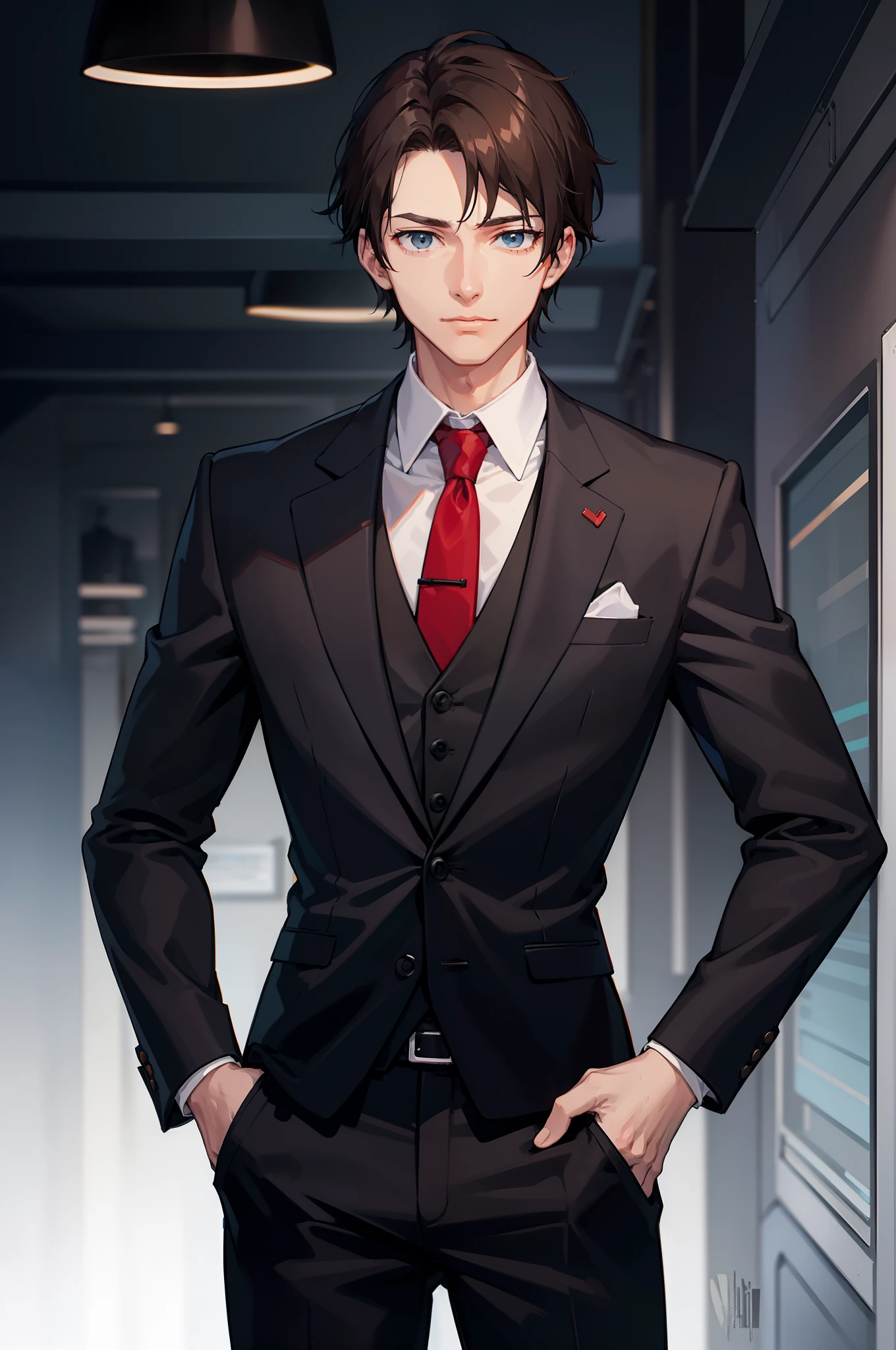 1boy, dark brown hair, blueish greenish eyes, red tie, black suit pants, black suit vest, white shirt, fantasy world, no suit jacket, smug, friendly, sword,