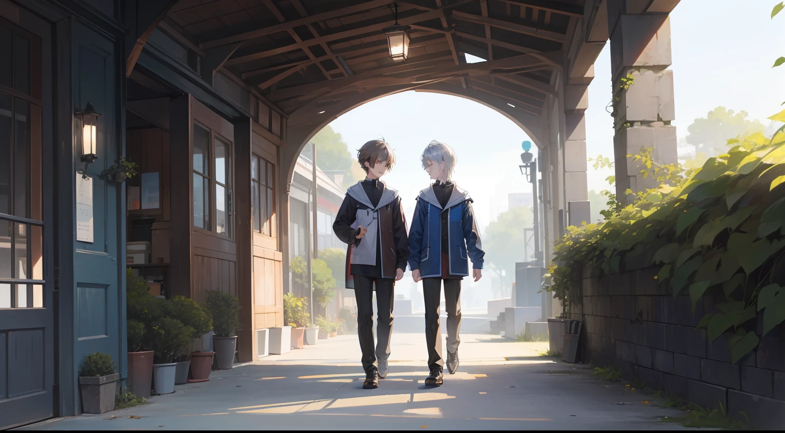 Two Boys, Silver-haired boy and brown-haired boy, Outside the tunnel、A clear day、charted、Boys Love、Talking、hight resolution、ultra-detailliert