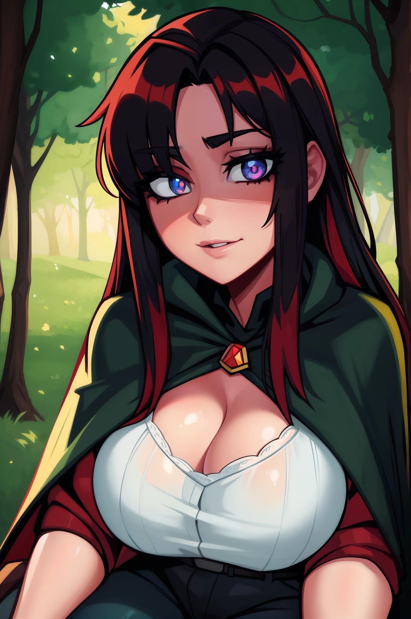 Girls in woods, 21yo, massive breasts, detailed eyes and face, beautiful face, wearing ripped jeans, transparent cape (black and red color), captivating colors, vibrant lighting, high-res, ultra-detailed, photo-realistic, portraits, bokeh.