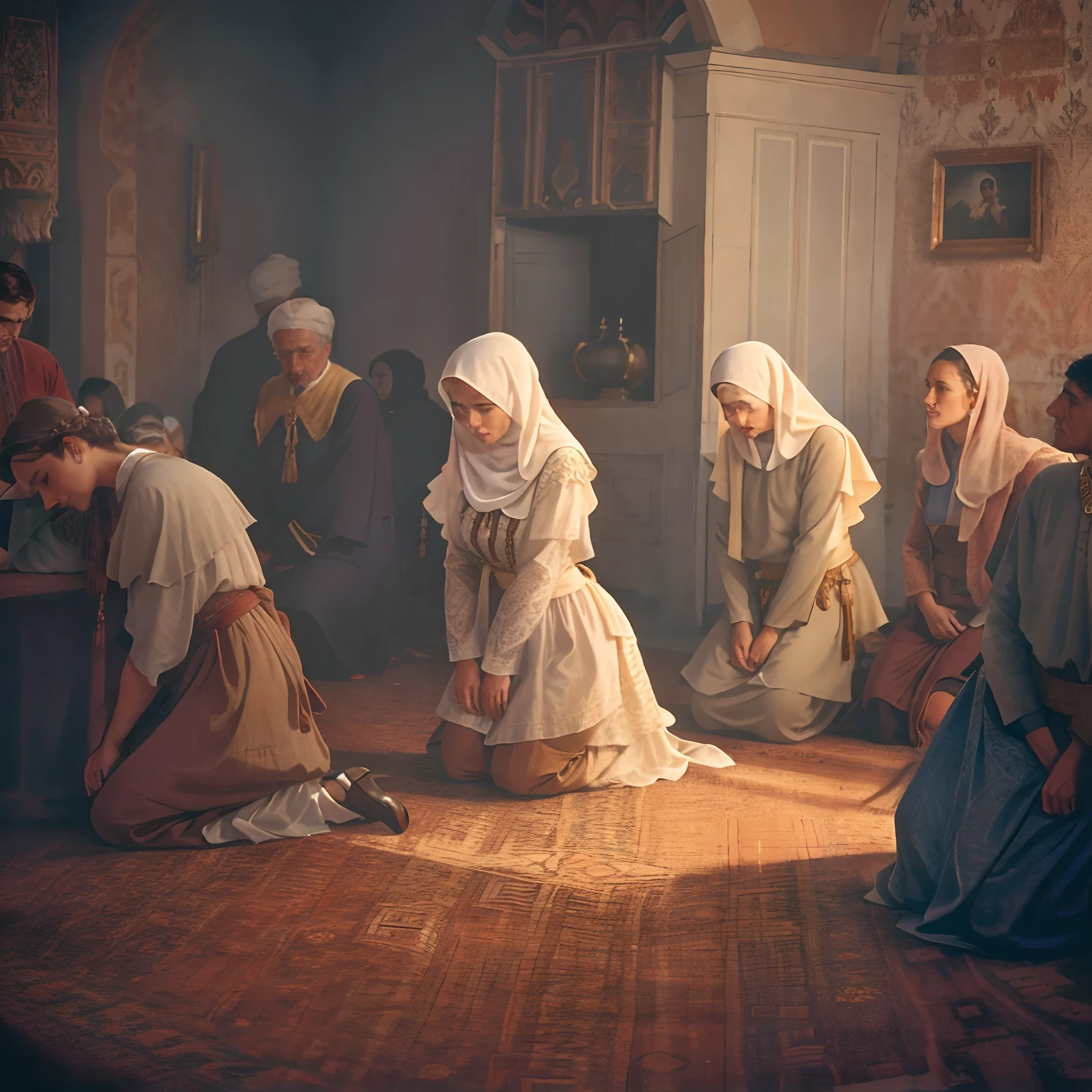 several people in a room with a large carpet and a wall, slav epic, cena do filme, ainda do filme, jayson tatum as mother mary, fim ainda, ainda do filme, kneeling in prayer, cena da igreja, cena de um filme, filme ainda do filme, ainda do filme, em uma igreja. arstation, Sergey Zabelin
