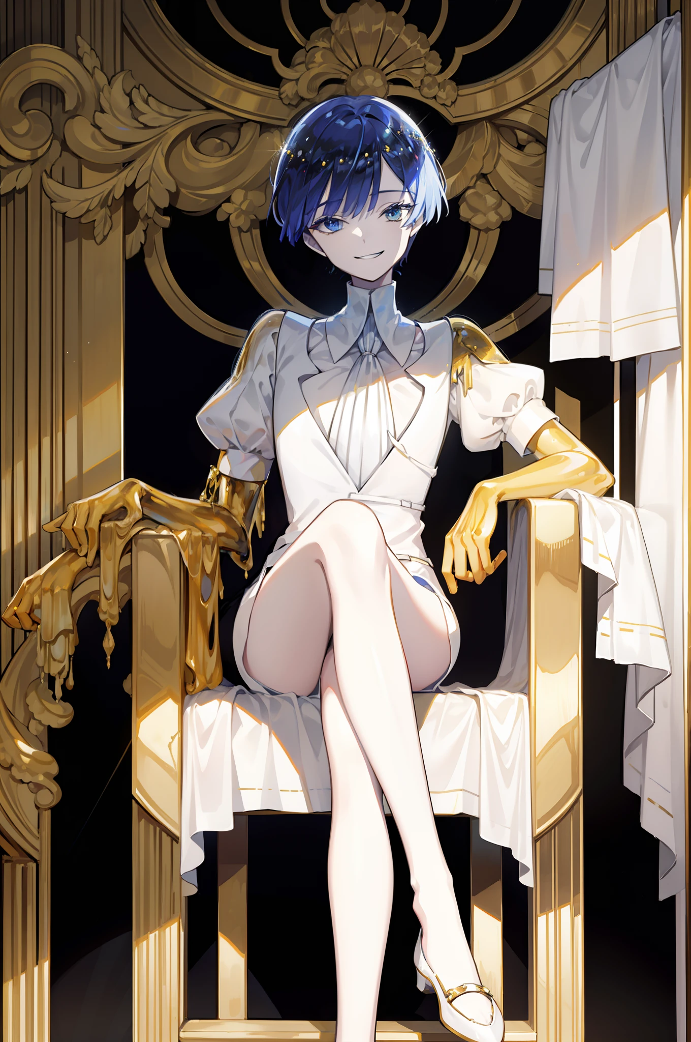 phosphophyllite \(ll\), golden arms, crystal hair, heterochromia, blue eyes, white eyes, colored eyelashes, gem uniform, necktie, puffy short sleeves, sitting on a crystal throne, looking directly at viewer, smiling, evil grin, legs crossed, covering one eye with hand, black background, blue light, crazy expression, golden halo behind head, album cover