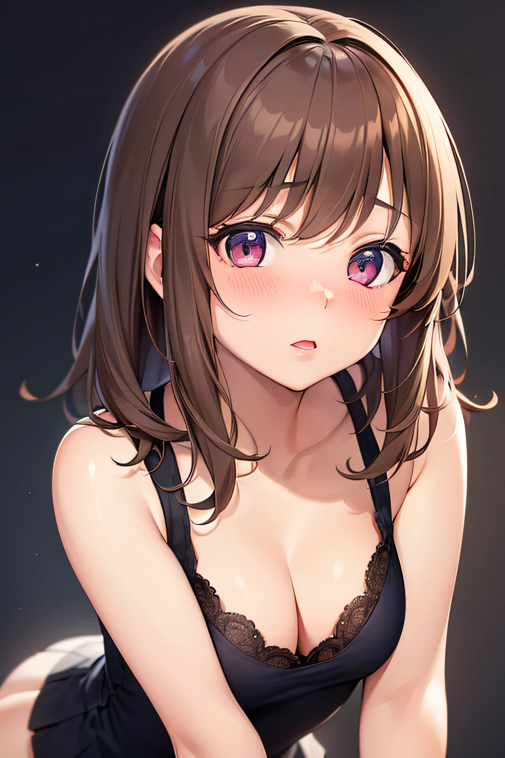 Cute s, Beautiful, Upper body,hi-school girl, medium large breasts, cleavage(Brown hair:1.2),nose blush,Leaning forward,No background