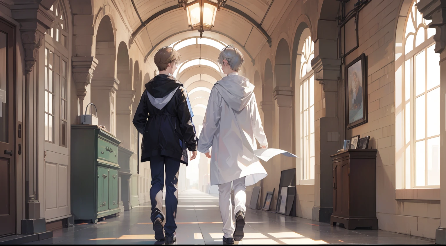 Two Boys, Silver-haired boy and brown-haired boy, tunnel、A clear day、charted、Boys Love、Talking、hight resolution、ultra-detailliert