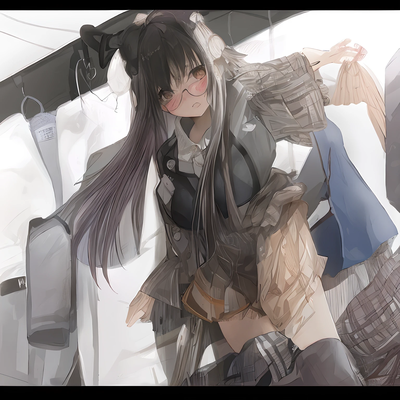 Nude full-body.
Very thin, small breasts, thin legs Pink straight hair, brown eyes, A short skirt with a checkered pattern, a tie of the same color as the skirt, and a navy blue blazer.Female genitalia exposed. A city in ruins at night.Holding a handheld transceiver, wearing a wired headset for communication on the head, with an anarchic color scheme.