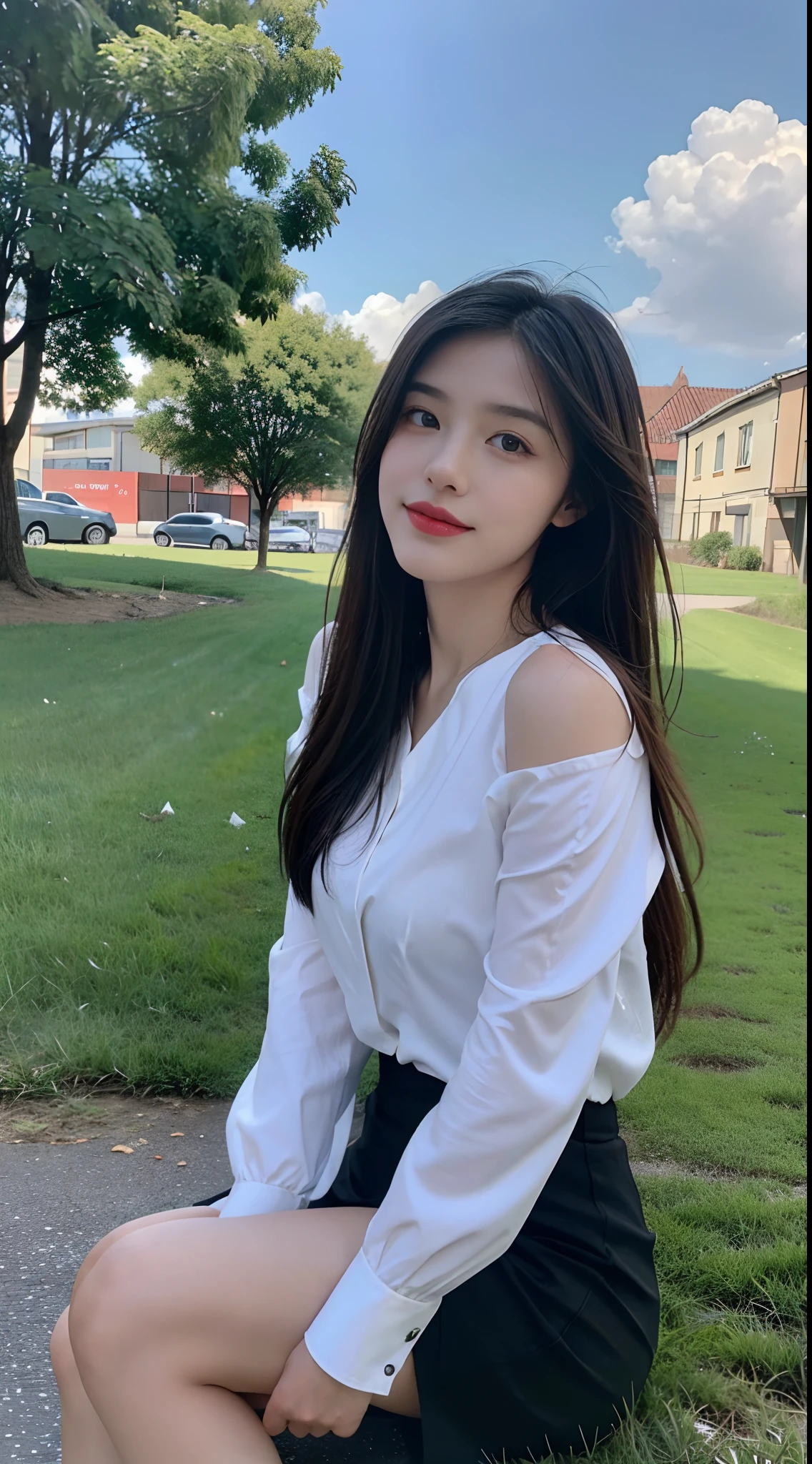 (1 Korean star with royal sister style), ((Best quality, 8K, 巨作: 1.3)), focal point: 1.2, Perfect body proportions: 1.4, (Make a smile), (Sunset: 1.3), Watery eyes, Highly Detailed Face and Skin Textur, Fine eyes, Double eyelids, Whitens the skin, (long whitr hair, Air bangs: 1.3), (Round face inches: 1.5), (Compassionate 1.4),Wear pleated skirts(Sketch 1:2,) black lence stockings(grassy fields,suns,clouds,Tano,farms,starlights,footpath)