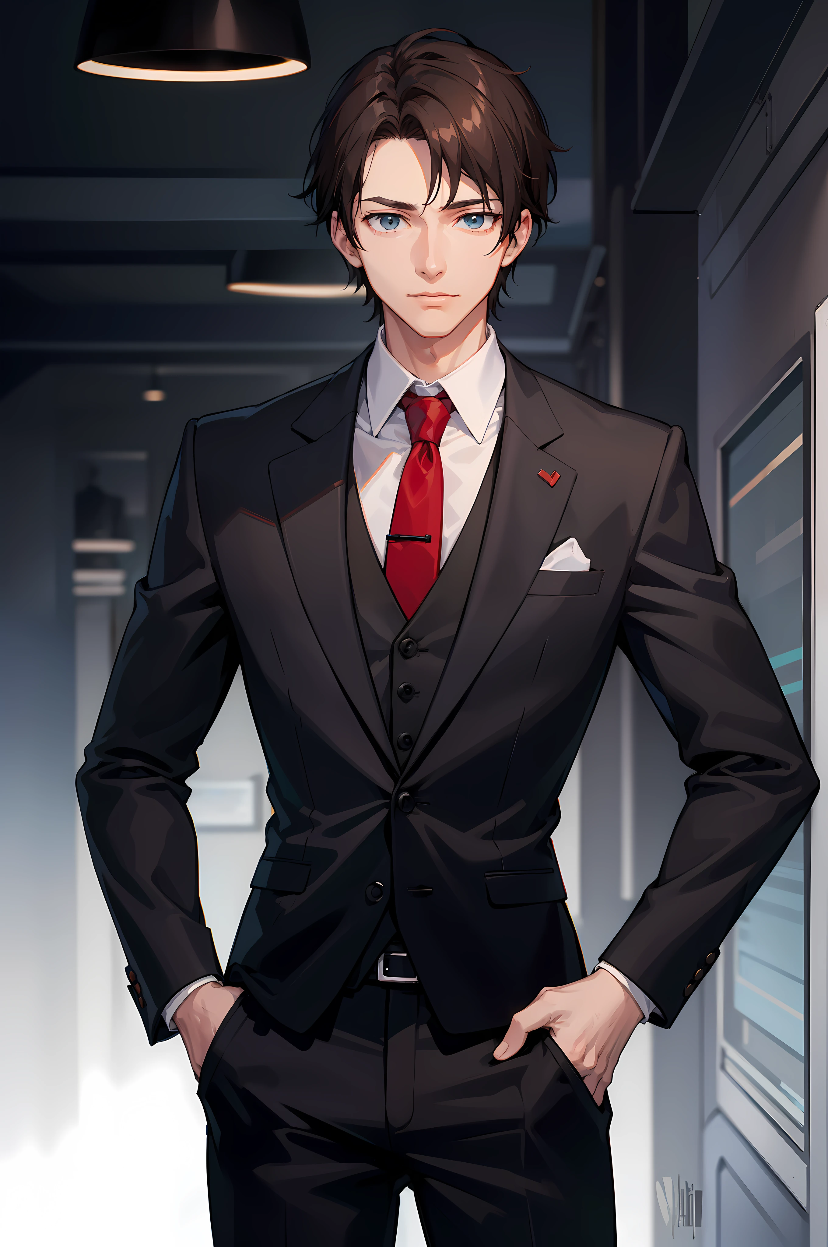 1boy, dark brown hair, blueish greenish eyes, red tie, black suit pants, black suit vest, white shirt, fantasy world, no suit jacket, smug, friendly, sword,