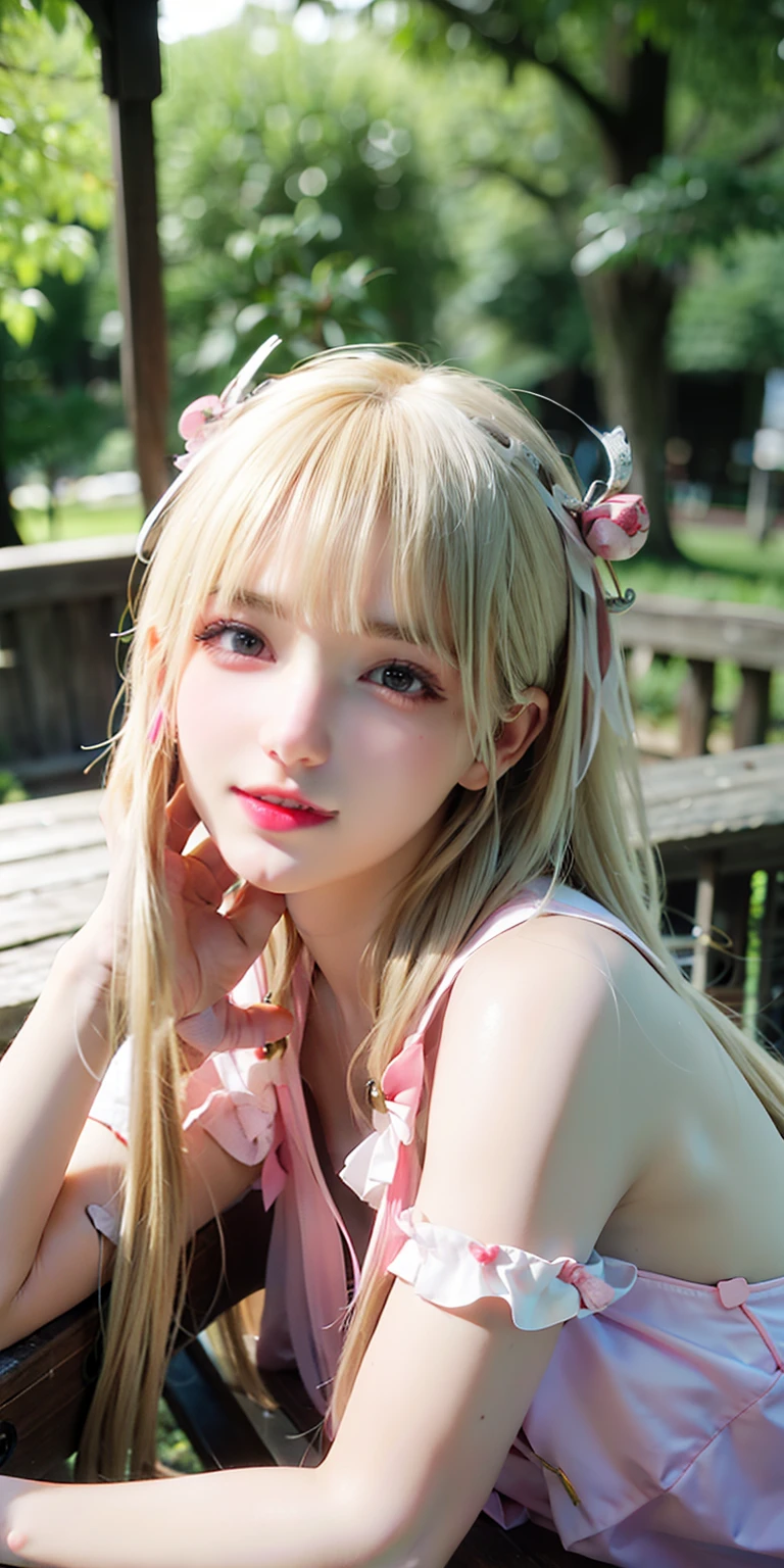 (8K, 4K, Best Quality, hight resolution:1.2), (maasterpiece, Realistic, photographrealistic:1.37), 1girl in, Solo, Beautiful face, Eyelashes, Nose, Glossy lips, (Detailed eyes, Looking at Viewer, Fair skin, White skin:1.5), fine complexion, Upper body,
Large breasts, busty, , (:1.5),
outdoor bath,
two side up, absurdly long hair, Blonde hair, Pink hair, Bangs, Hair Ornament, Bow,
Younger, aged down,