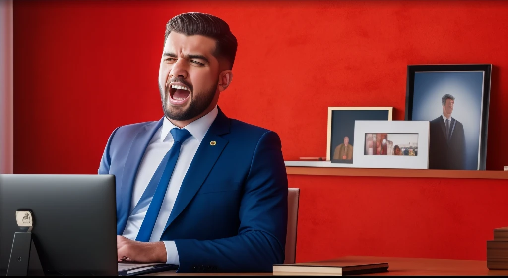 best quality,4k,8k,highres,masterpiece:1.2,ultra-detailed,realistic:1.37,hombre trajeado,shouting,big belly,envy,smartest employee,professional,shouting out of envy,office scene,sharp focus,vivid colors,portraits,colorful background,studio lighting