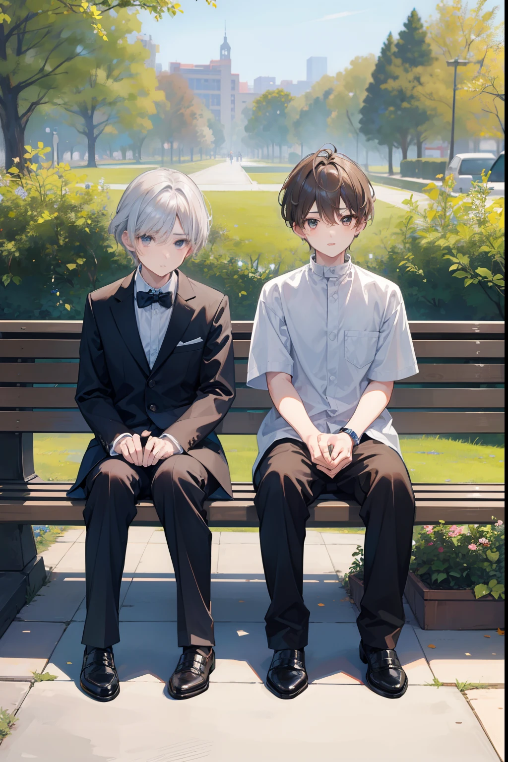 Two Boys, Silver-haired boy and brown-haired boy,park bench、Boys Love、Talking、hight resolution、ultra-detailliert