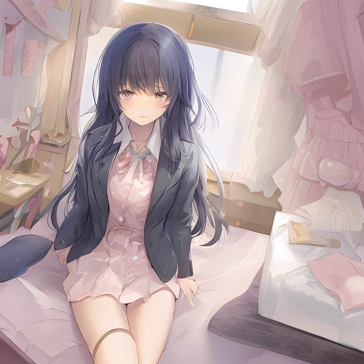 Nude full-body.
Very thin, small breasts, thin legs Pink straight hair, brown eyes, A short skirt with a checkered pattern, a tie of the same color as the skirt, and a navy blue blazer.Female genitalia exposed. A city in ruins at night.Holding a handheld transceiver, wearing a wired headset for communication on the head, with an anarchic color scheme.