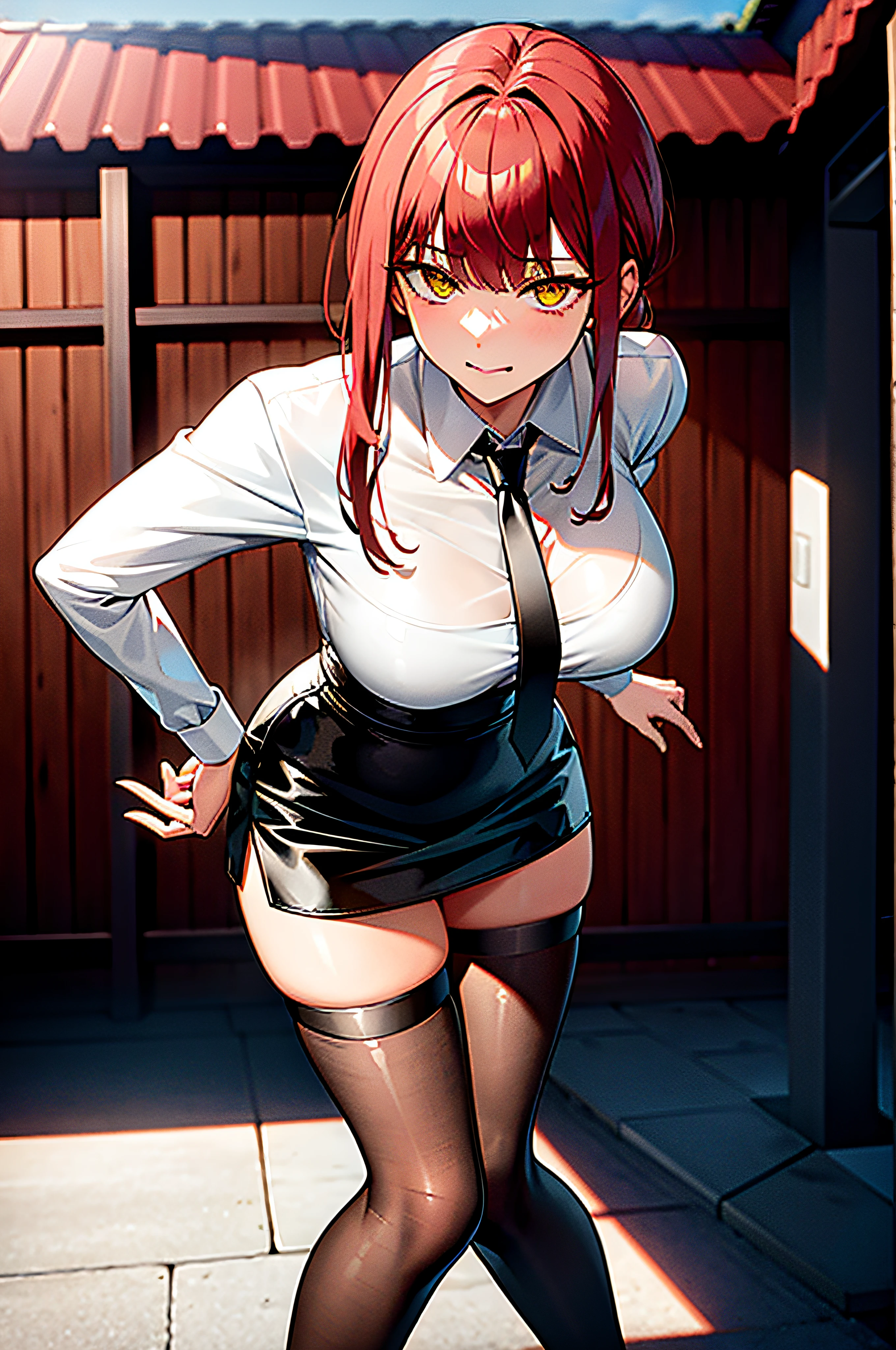 best quality, ultra high res, makima, Chainsaw Man, Vermilion hair, Yellow eyes, in stockings, Black leather skirt, White transparent shirt, Standing bent down, finger at the mouth, Near the house, beste-Qualit, 4k