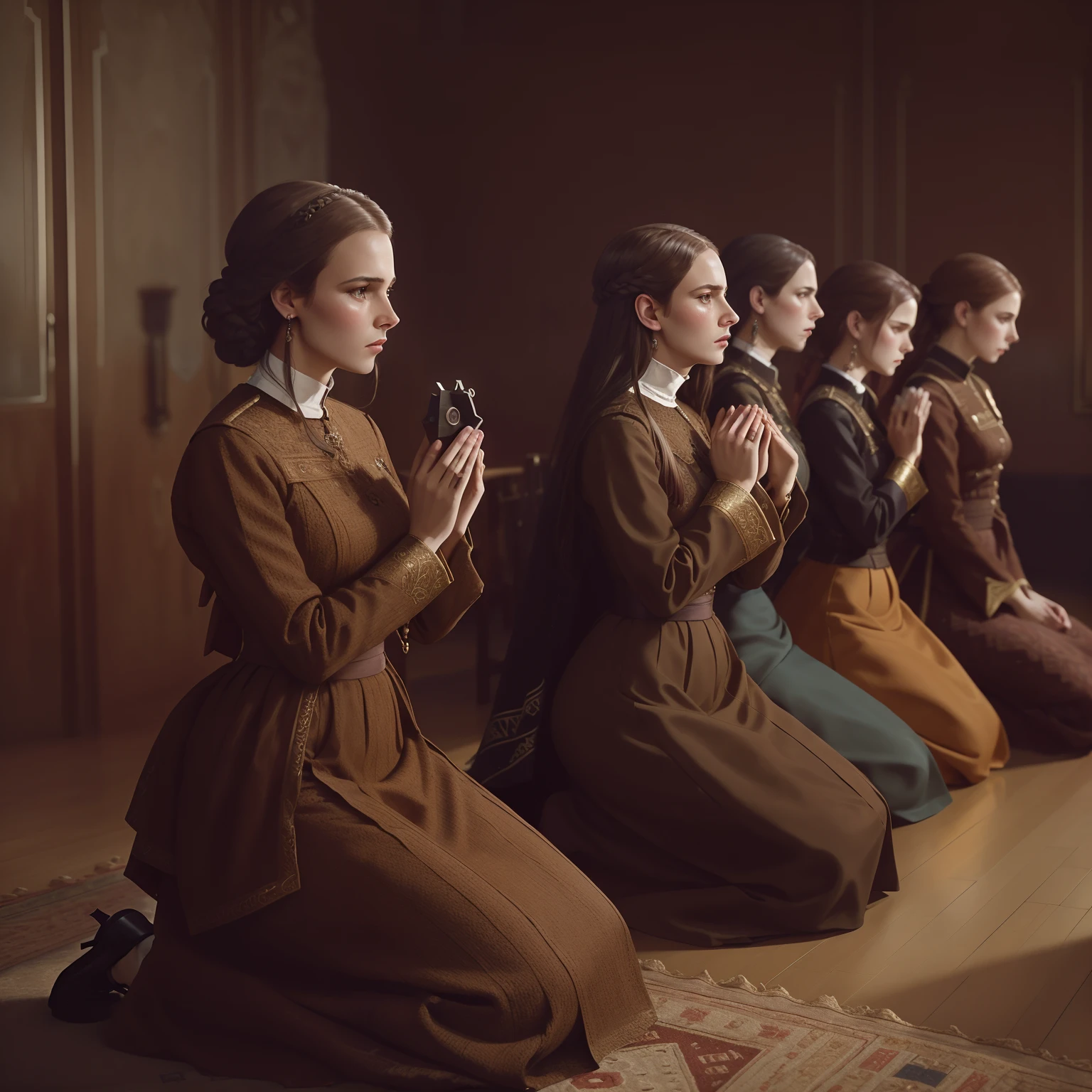 Several women in brown dresses are sitting on the floor and praying, Directed by: Alexander Mann, Directed by: Emma Andijewska, Directed by: Anna Füssli, inspired by Théodore Chassériau, kneeling in prayer, Directed by: Artur Tarnowski, imagem promocional do filme, Erwin Olavo, Alexey Egorov, kramskoi 4 mil, cinematic, foto realista 1900