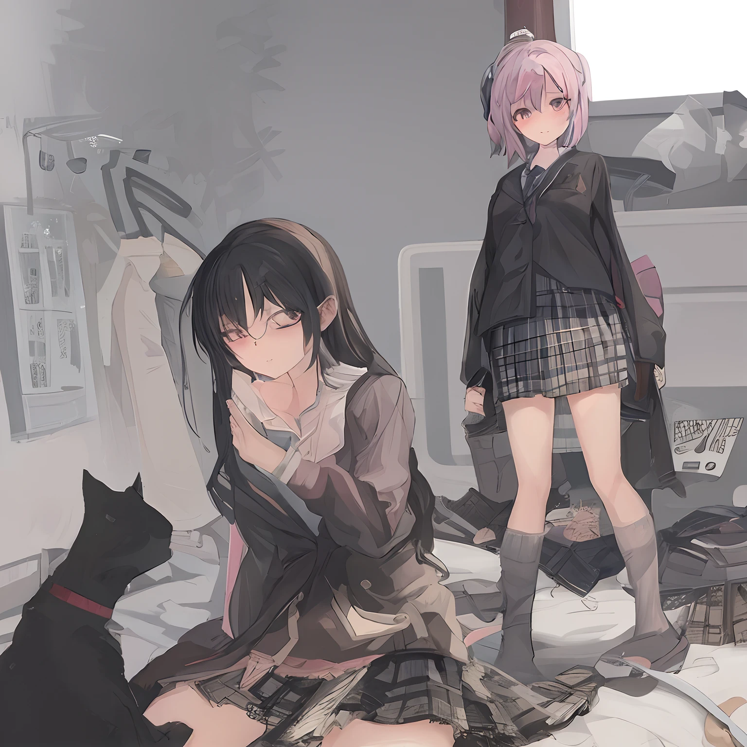 Nude full-body.
Very thin, small breasts, thin legs Pink straight hair, brown eyes, A short skirt with a checkered pattern, a tie of the same color as the skirt, and a navy blue blazer.Female genitalia exposed. A city in ruins at night.Holding a handheld transceiver, wearing a wired headset for communication on the head, with an anarchic color scheme.