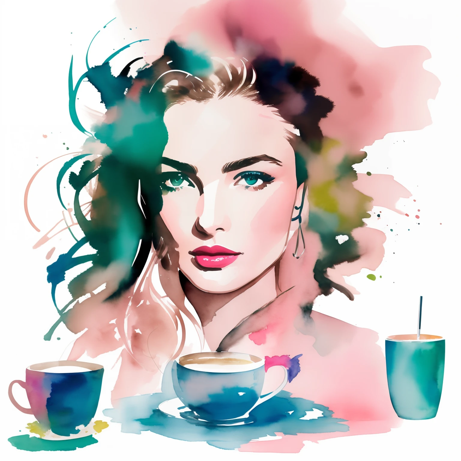 David downton fashion illustration, woman light brown thin hair blonde bob, fluffy cornflower color sweater, andreea diaconu, (cute face, blue eyes, pink lipstick), (work laptop, cup green tea), home studio in paris, watercolor art