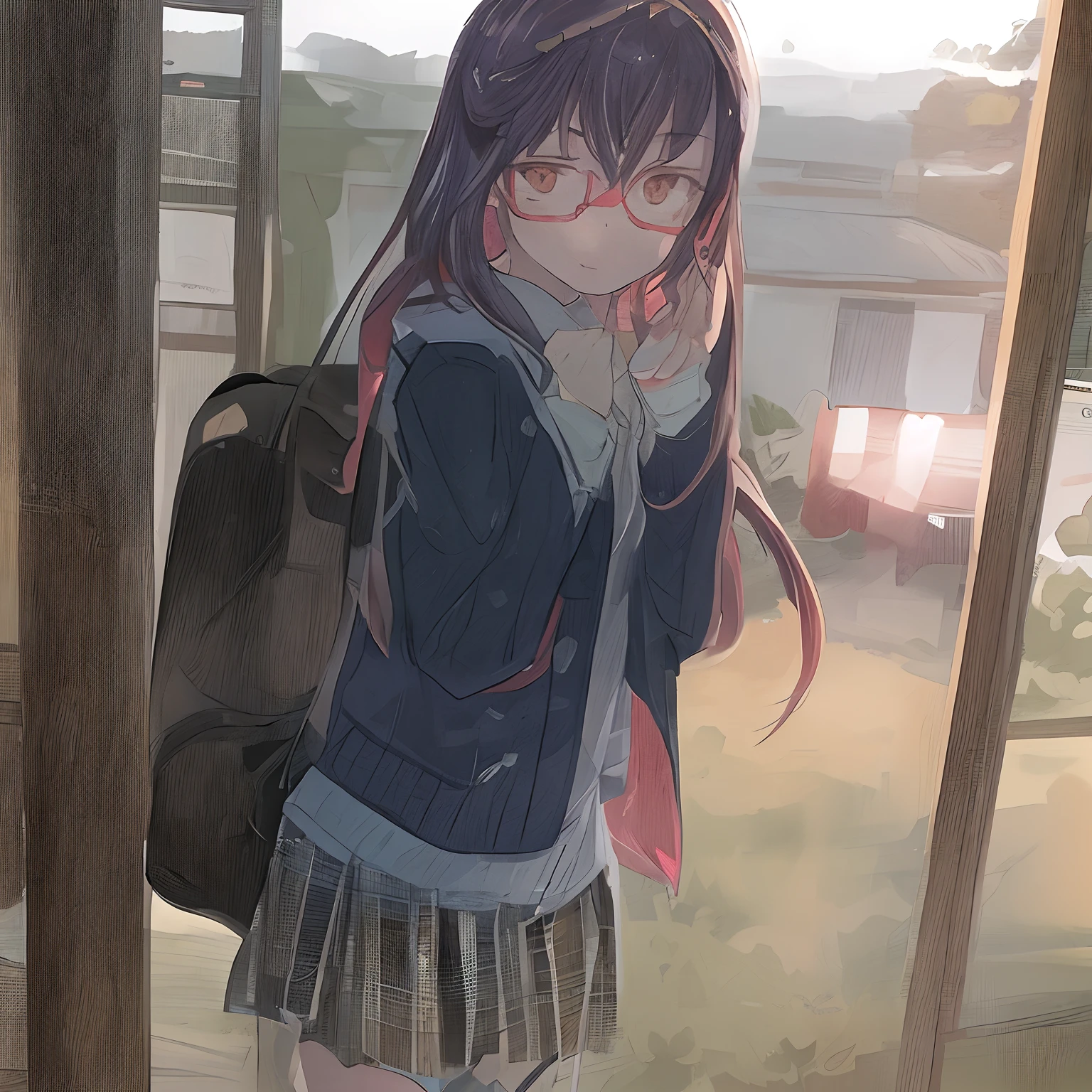 Nude full-body.
Very thin, small breasts, thin legs Pink straight hair, brown eyes, A short skirt with a checkered pattern, a tie of the same color as the skirt, and a navy blue blazer.Female genitalia exposed. A city in ruins at night.Holding a handheld transceiver, wearing a wired headset for communication on the head, with an anarchic color scheme.