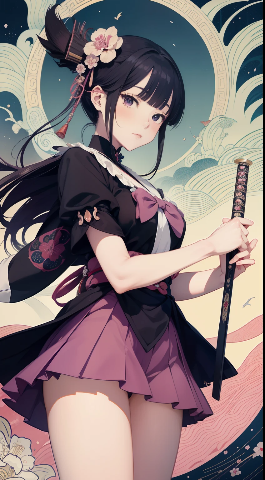 Ukiyo-e style Henrietta Le Mair Kiichi Okamoto, Kay Nielsen, animesque wondrous strange Whimsical surreal fanciful Sci-Fi Fantasy magic sword Giant clan infinite loop TOKYOcty Miniskirt High School Girl Hyperdetailed High Quality High Definition High Resolution Masterpiece