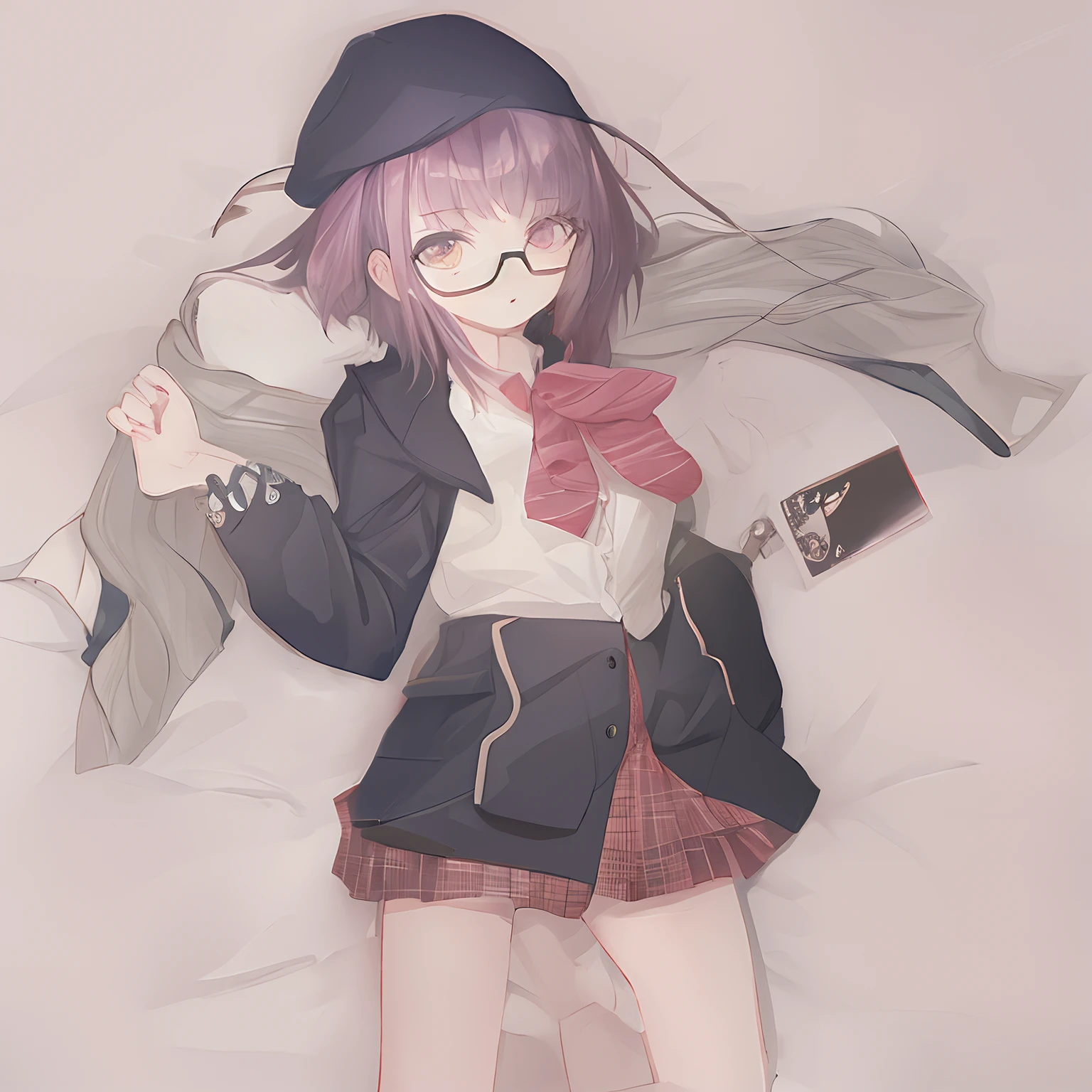 Nude full-body.
Very thin, small breasts, thin legs Pink straight hair, brown eyes, A short skirt with a checkered pattern, a tie of the same color as the skirt, and a navy blue blazer.Female genitalia exposed. A city in ruins at night.Holding a handheld transceiver, wearing a wired headset for communication on the head, with an anarchic color scheme.