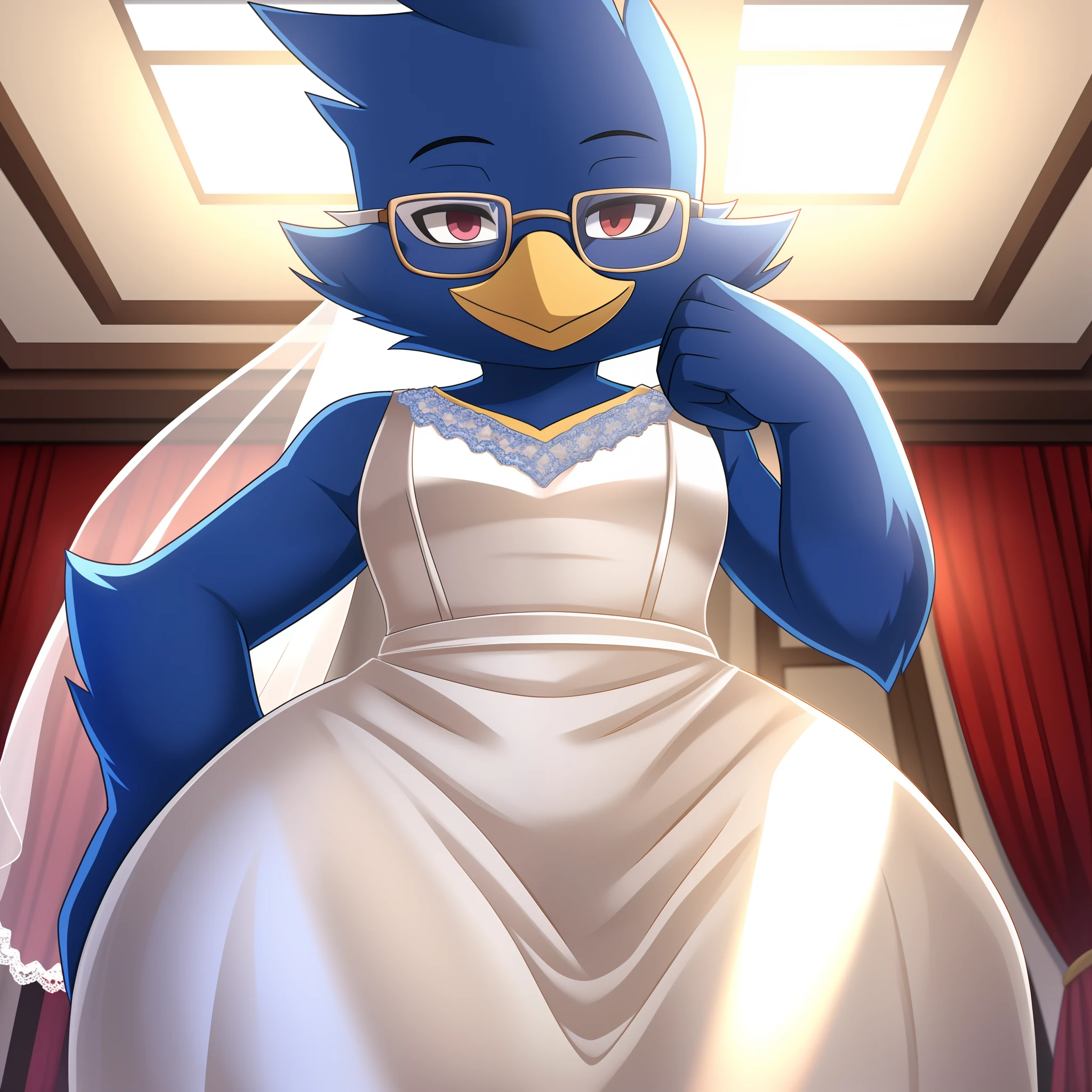 Berdly from Deltarune, glasses, smirk, solo, 1boy, white dress, wedding skirt, crossdressing, wedding veil, cartoon eyes, thick thighs, indoors, wedding, pov, perspective, anime shading, anime light, wide hips, soft background, male