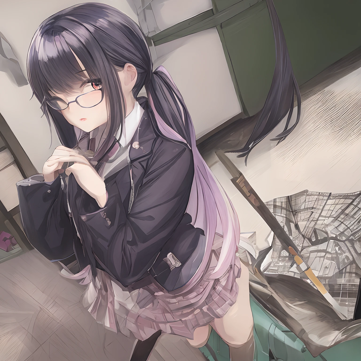 Nude full-body.
Very thin, small breasts, thin legs Pink straight hair, brown eyes, A short skirt with a checkered pattern, a tie of the same color as the skirt, and a navy blue blazer.Female genitalia exposed. A city in ruins at night.Holding a handheld transceiver, wearing a wired headset for communication on the head, with an anarchic color scheme.
