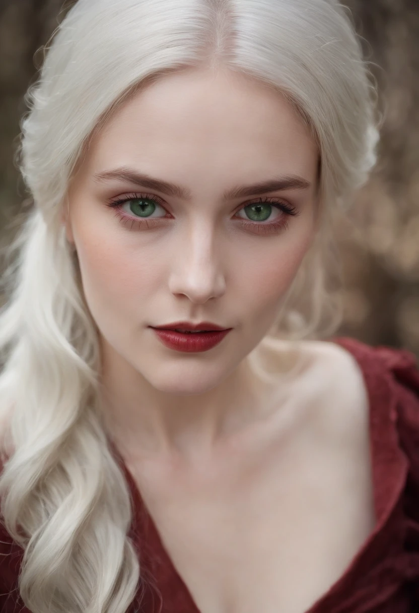 (((a deep reddish wound crosses her left cheek))) fair complexion, woman around 19 years old, natural white hair, distinctive green eyes, wearing kohl, slender and graceful, beautiful, candlelight in a medieval setting, ultra sharp focus, realistic shot, medieval female clothes, tetradic colors (scar:1.4)