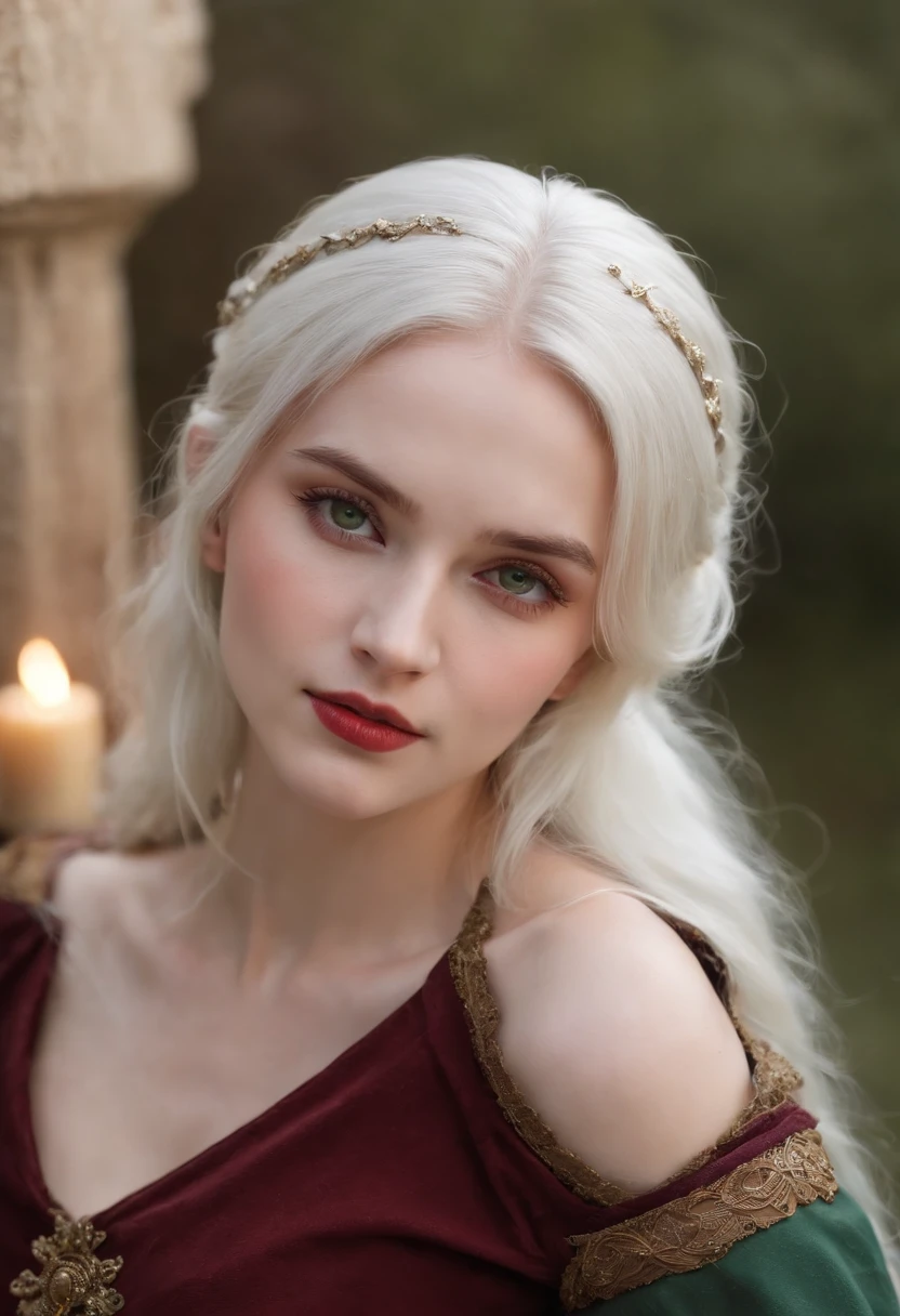 (((a deep reddish wound crosses her left cheek))) fair complexion, woman around 19 years old, natural white hair, distinctive green eyes, wearing kohl, slender and graceful, beautiful, candlelight in a medieval setting, ultra sharp focus, realistic shot, medieval female clothes, tetradic colors (scar:1.4)